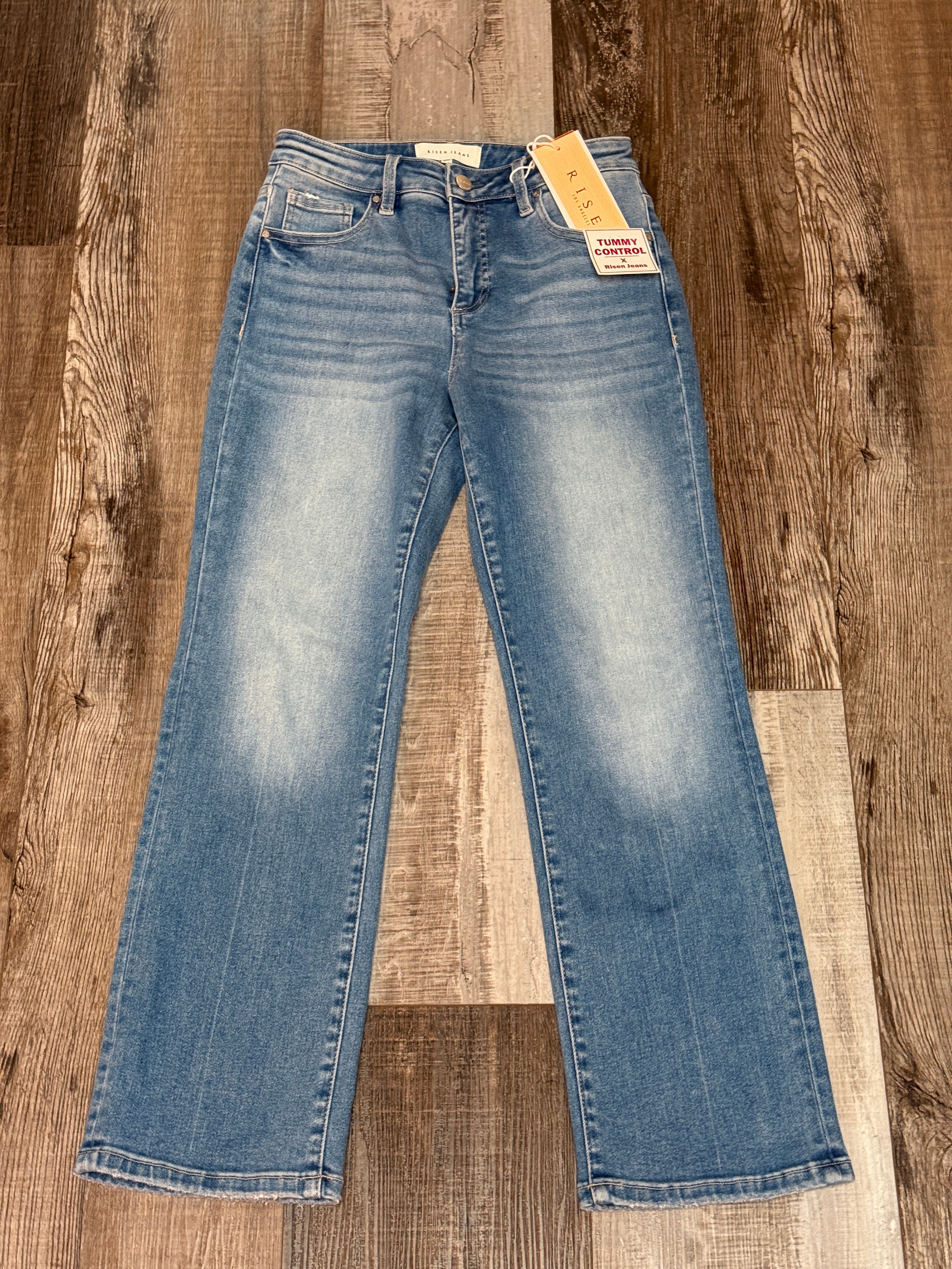 Risen High Rise Crop Straight Jeans w/ Tummy Control Medium Wash