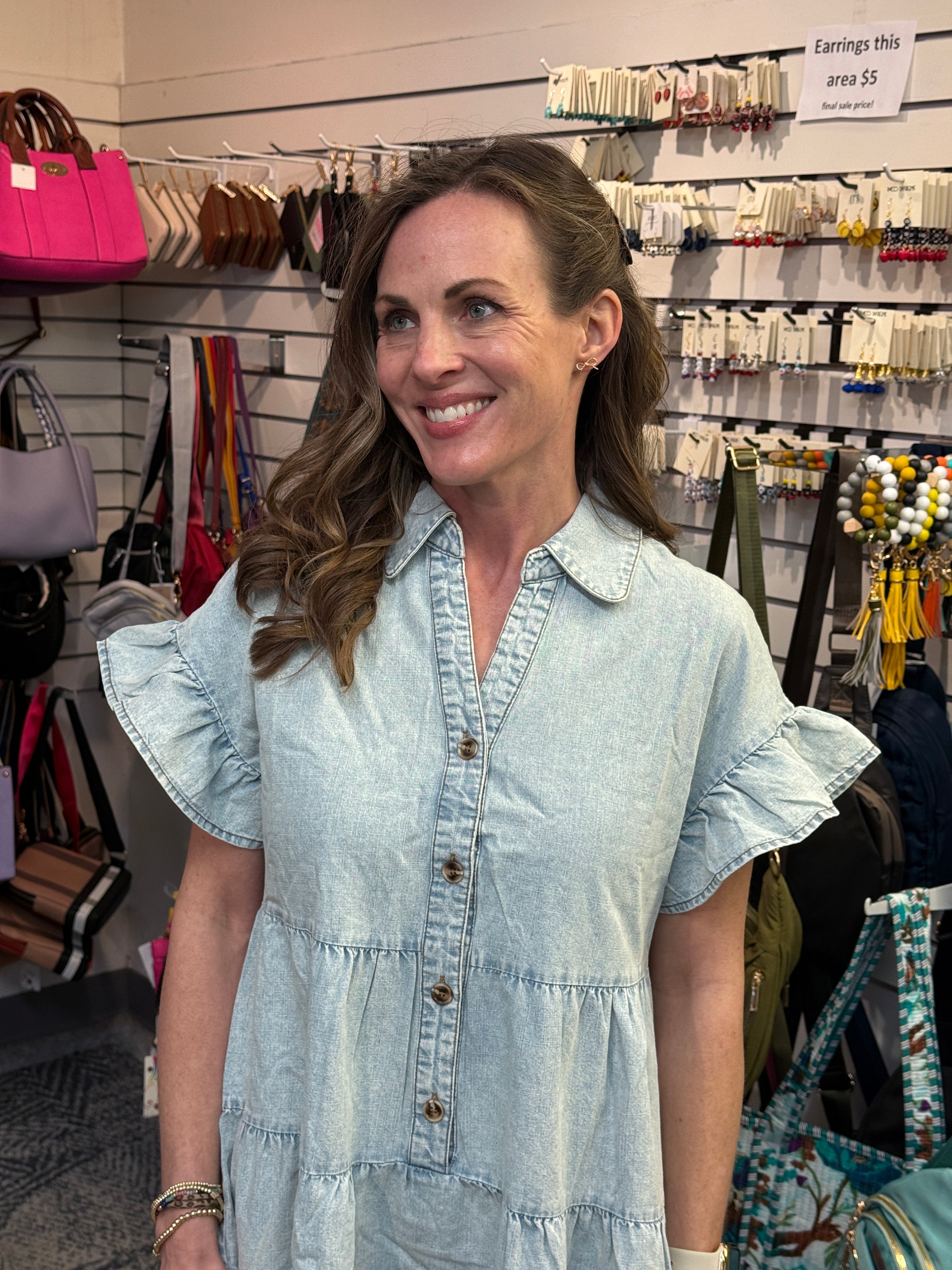 Mineral Washed Chambray Dress w/ Tiered Layers