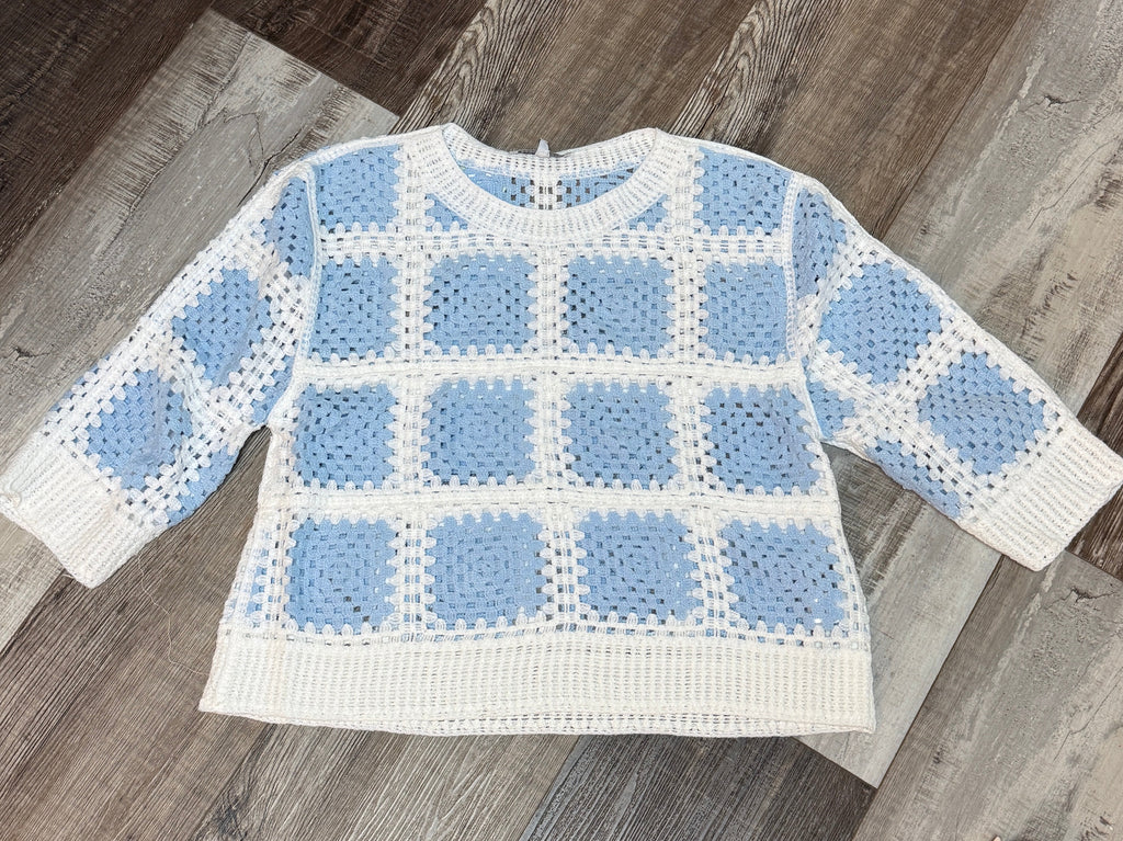 Blue & White Square Pattern Crochet Top