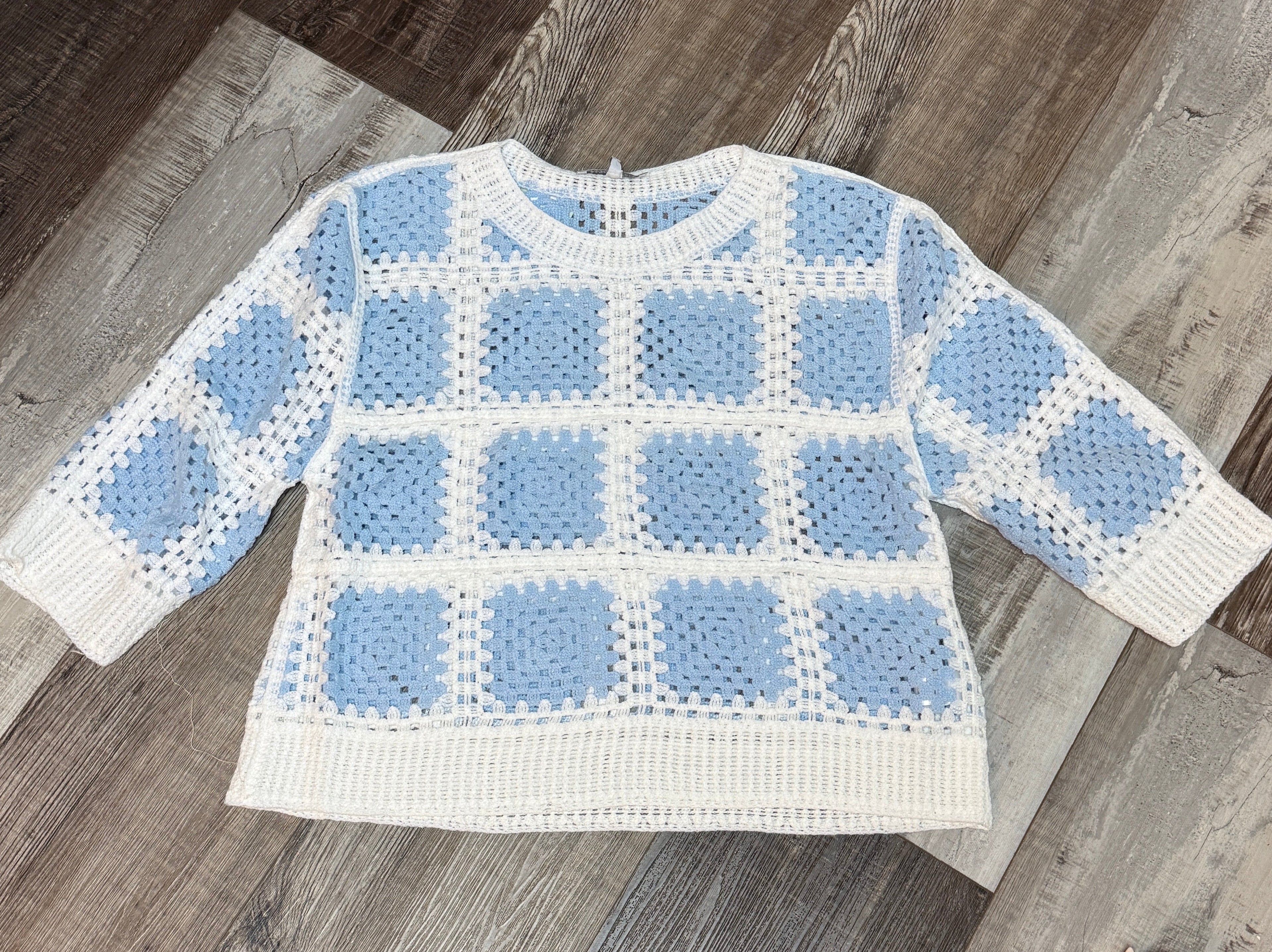 Blue & White Square Pattern Crochet Top