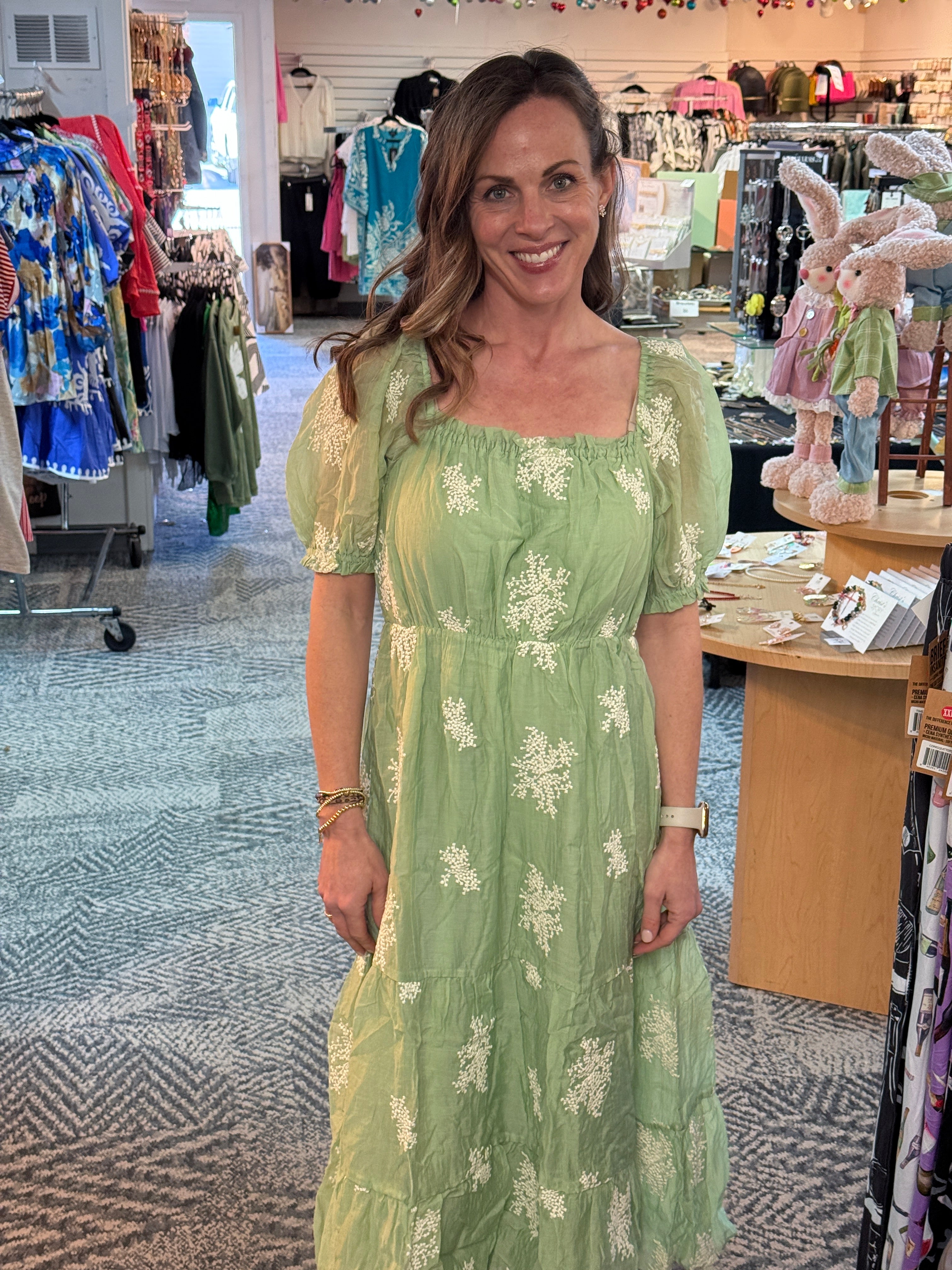 Sage Green Embroidered Puff Sleeve