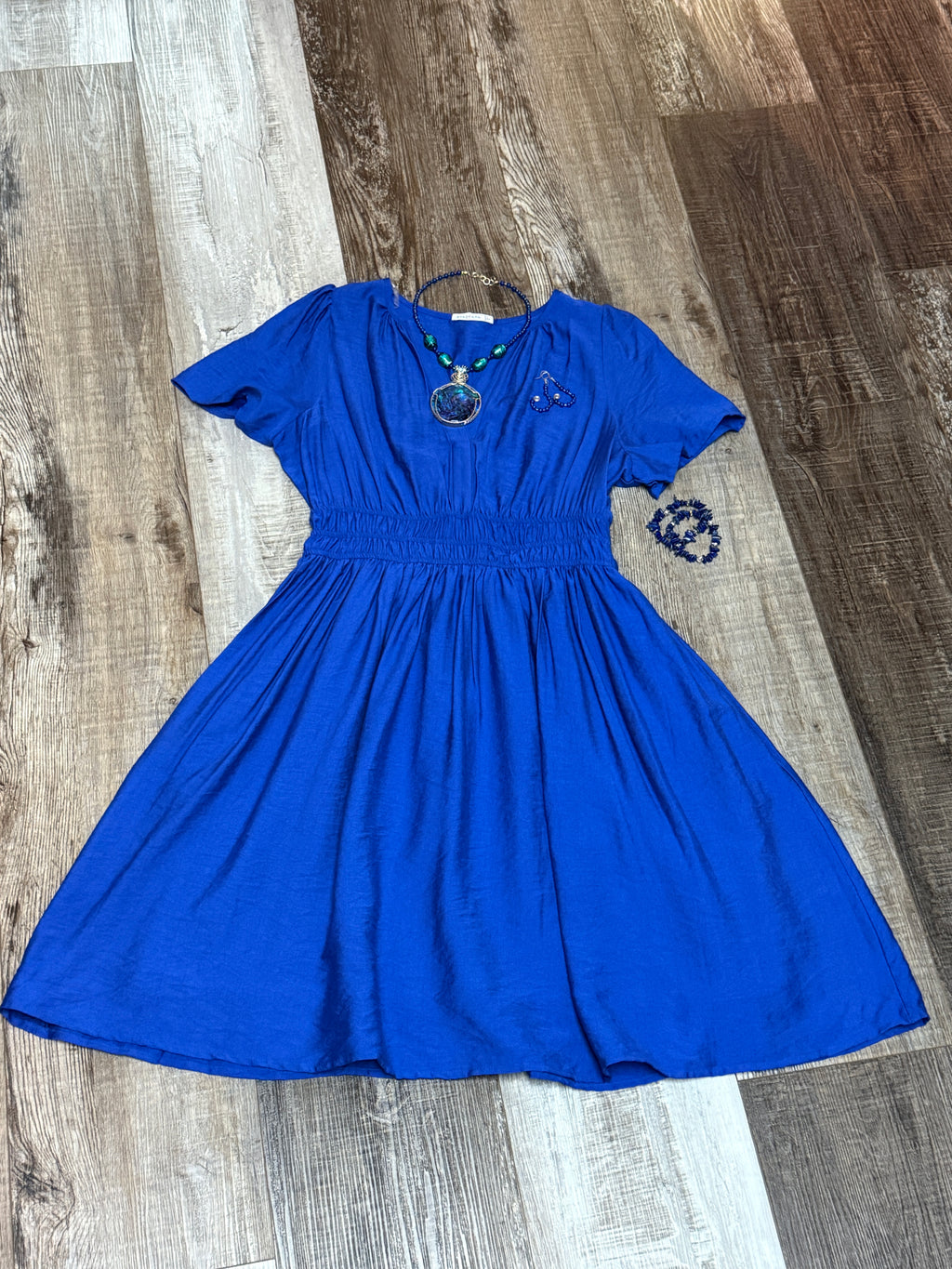 Royal Blue Y-Neck Stretch Waist Dress  by Staccato
