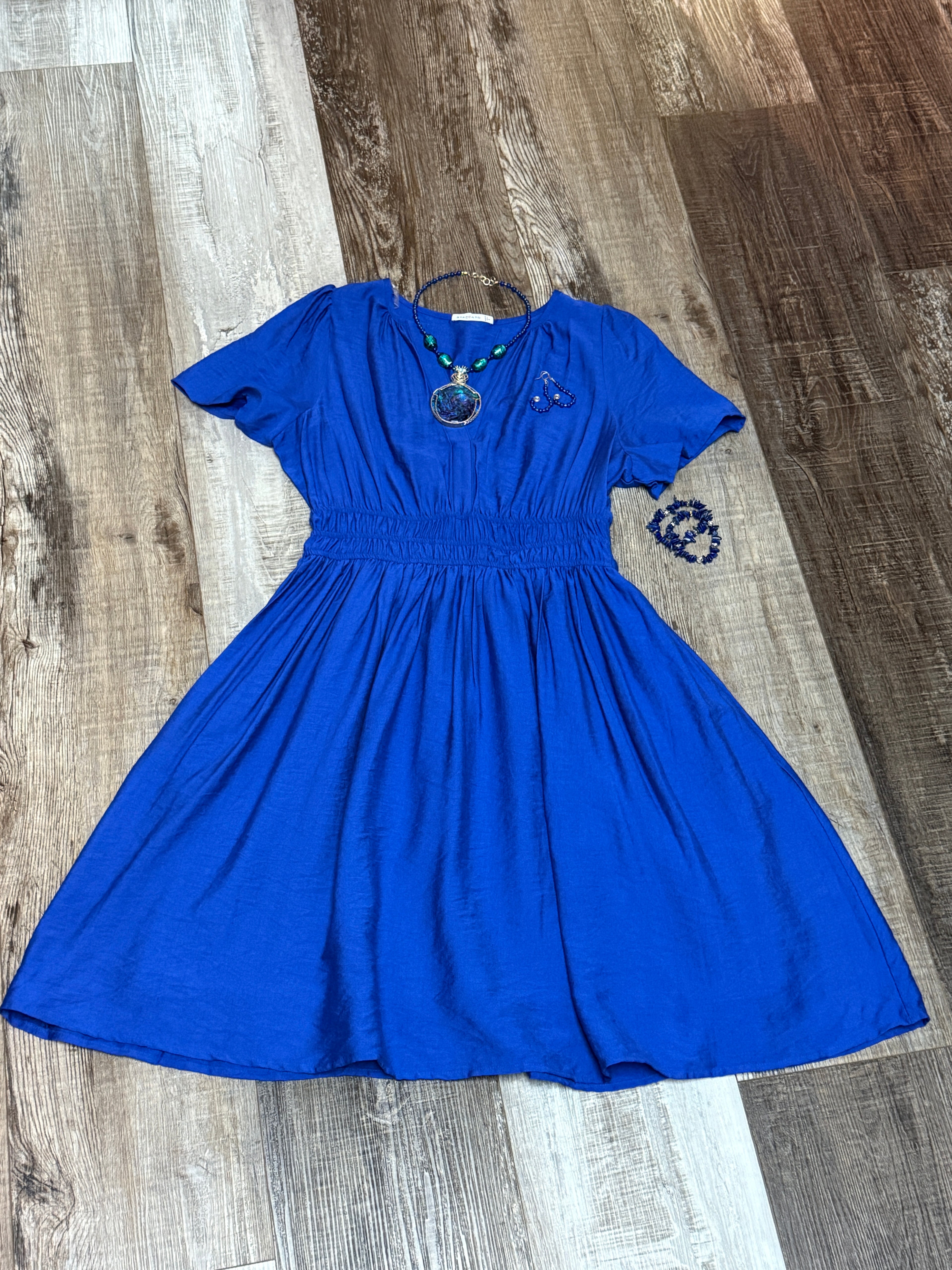 Royal Blue Y-Neck Stretch Waist Dress  by Staccato