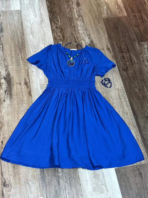 Royal Blue Y-Neck Stretch Waist Dress  by Staccato