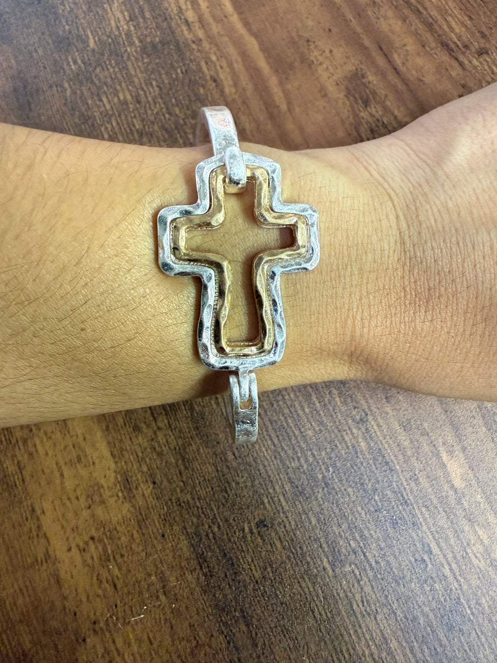 Beautiful Mixed Metal Cross Cuff Bracelet Gold OR Silver