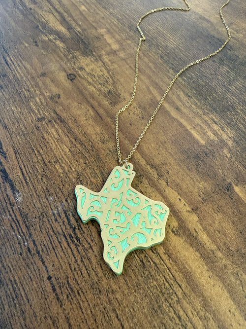 Boho Gold & Green Filagree Texas Stamped Necklace