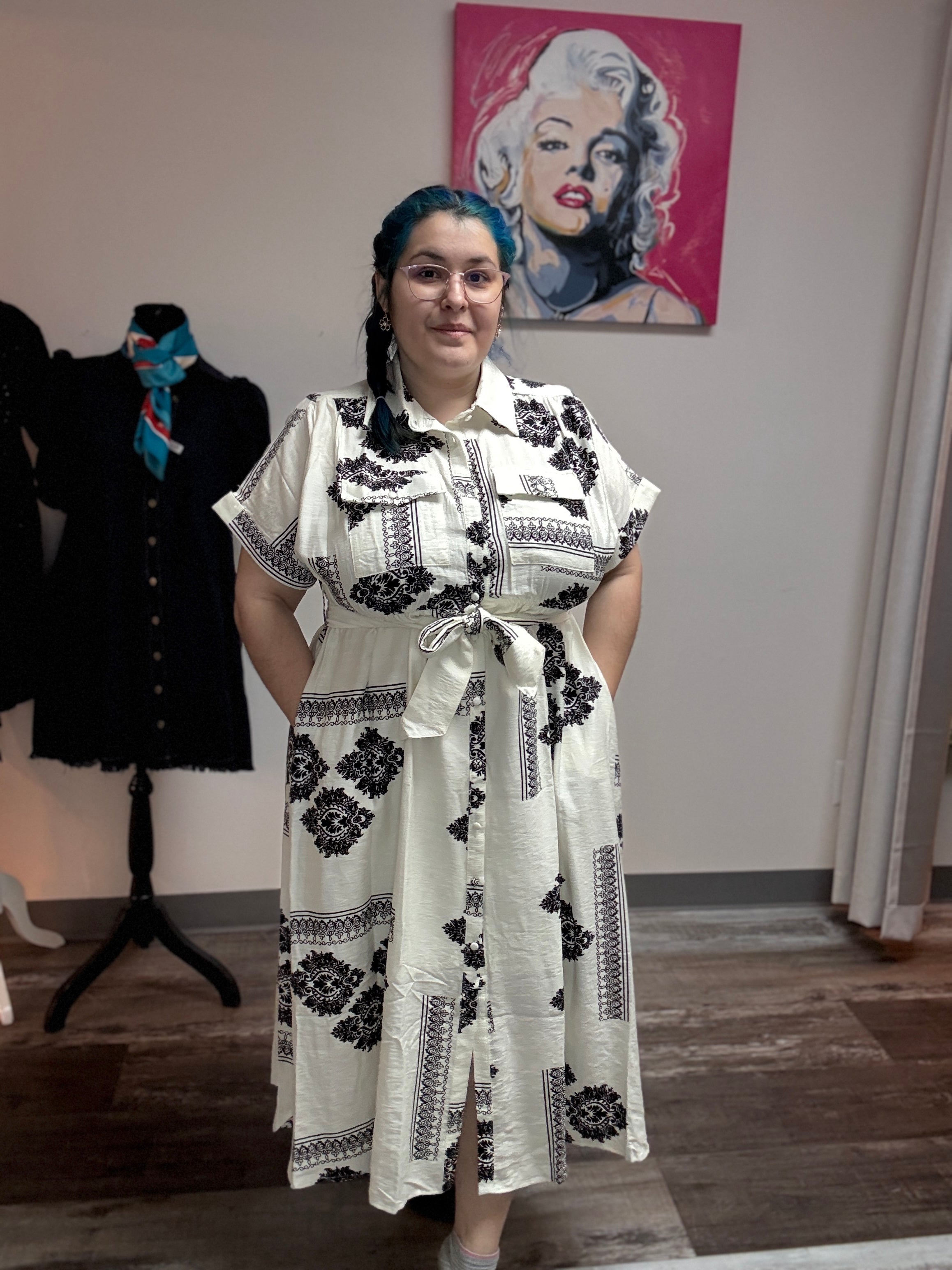 White & Black Print Button Up Dress w/ Waist Tie