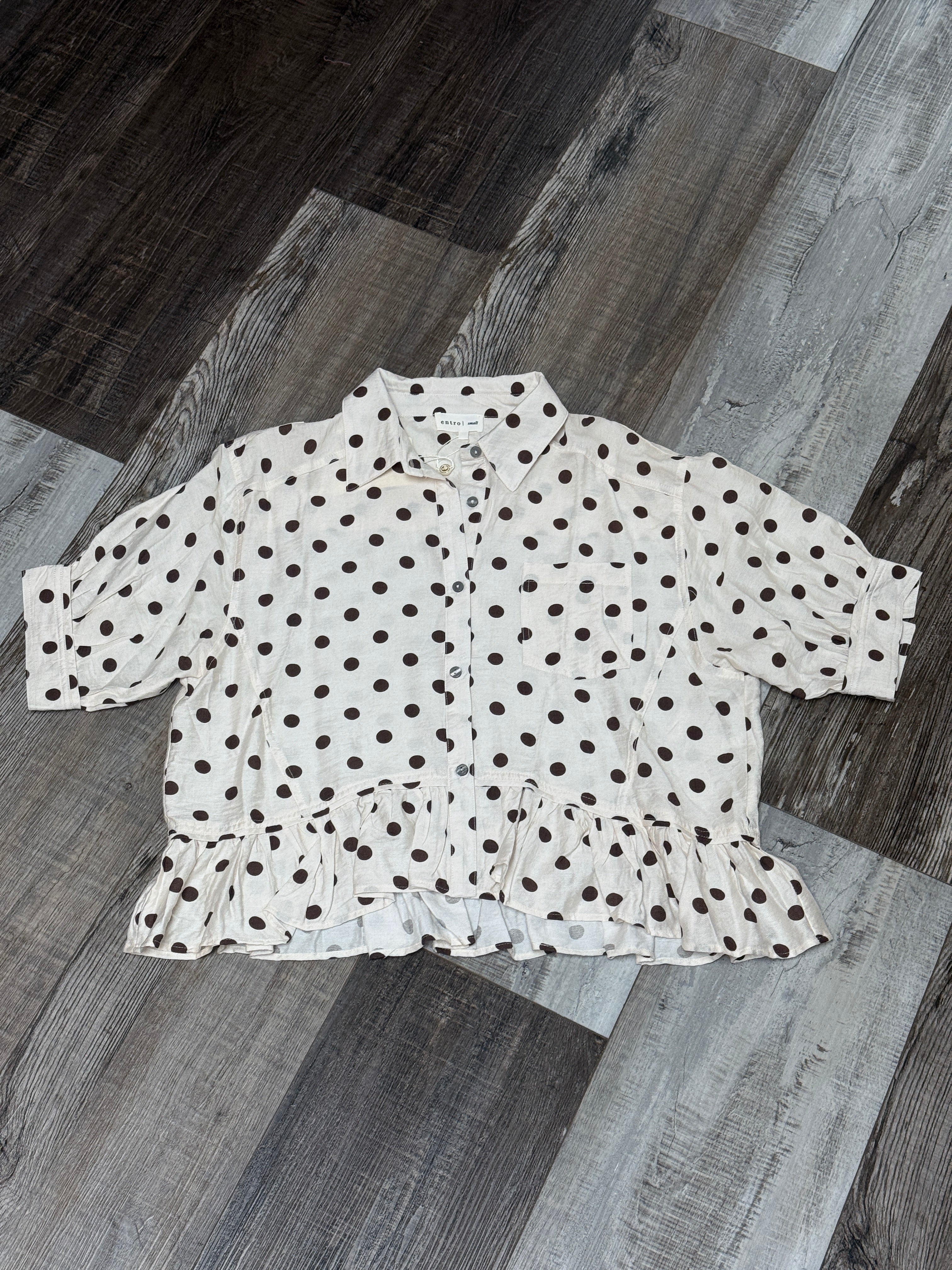 Cream Colored Button Up Blouse w/ Brown Polka Dots by Entro