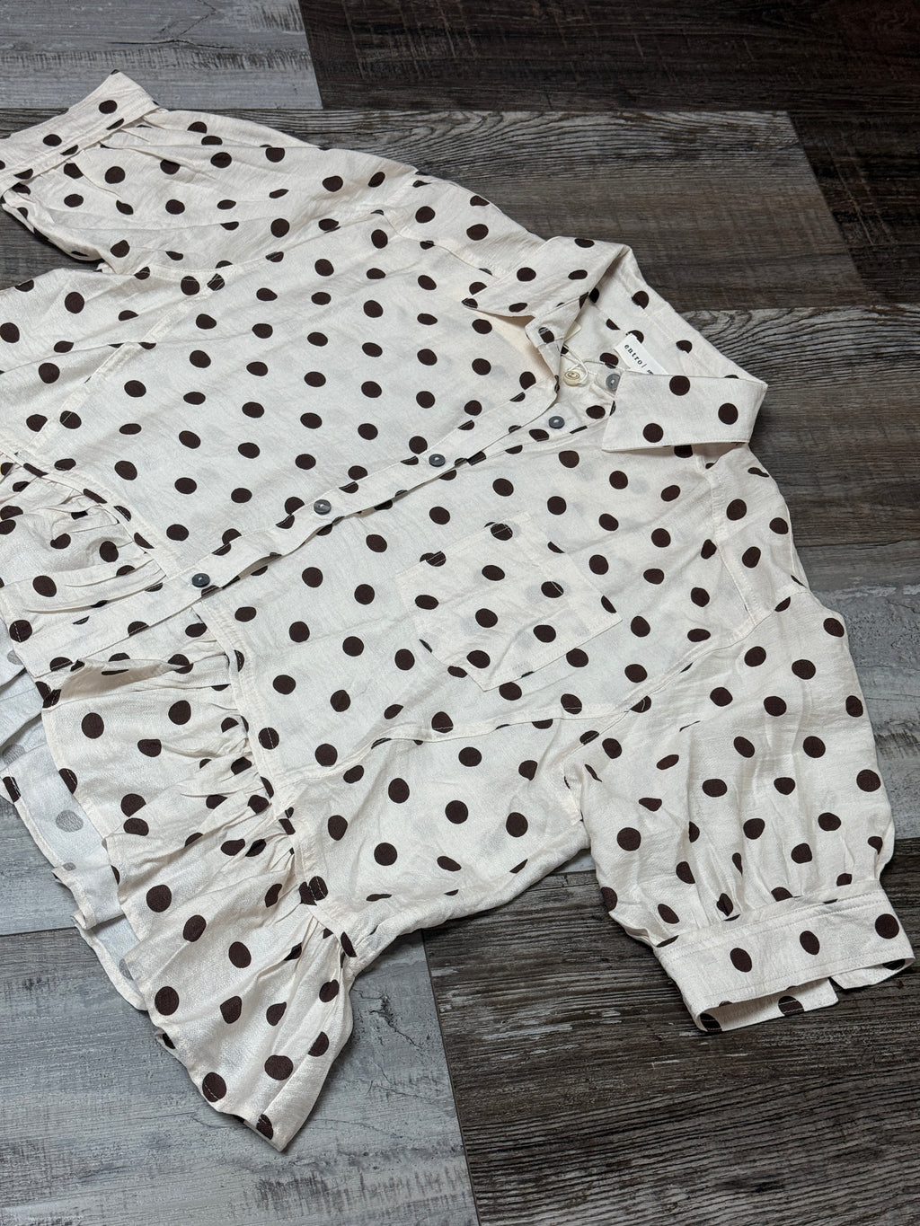 Cream Colored Button Up Blouse w/ Brown Polka Dots by Entro