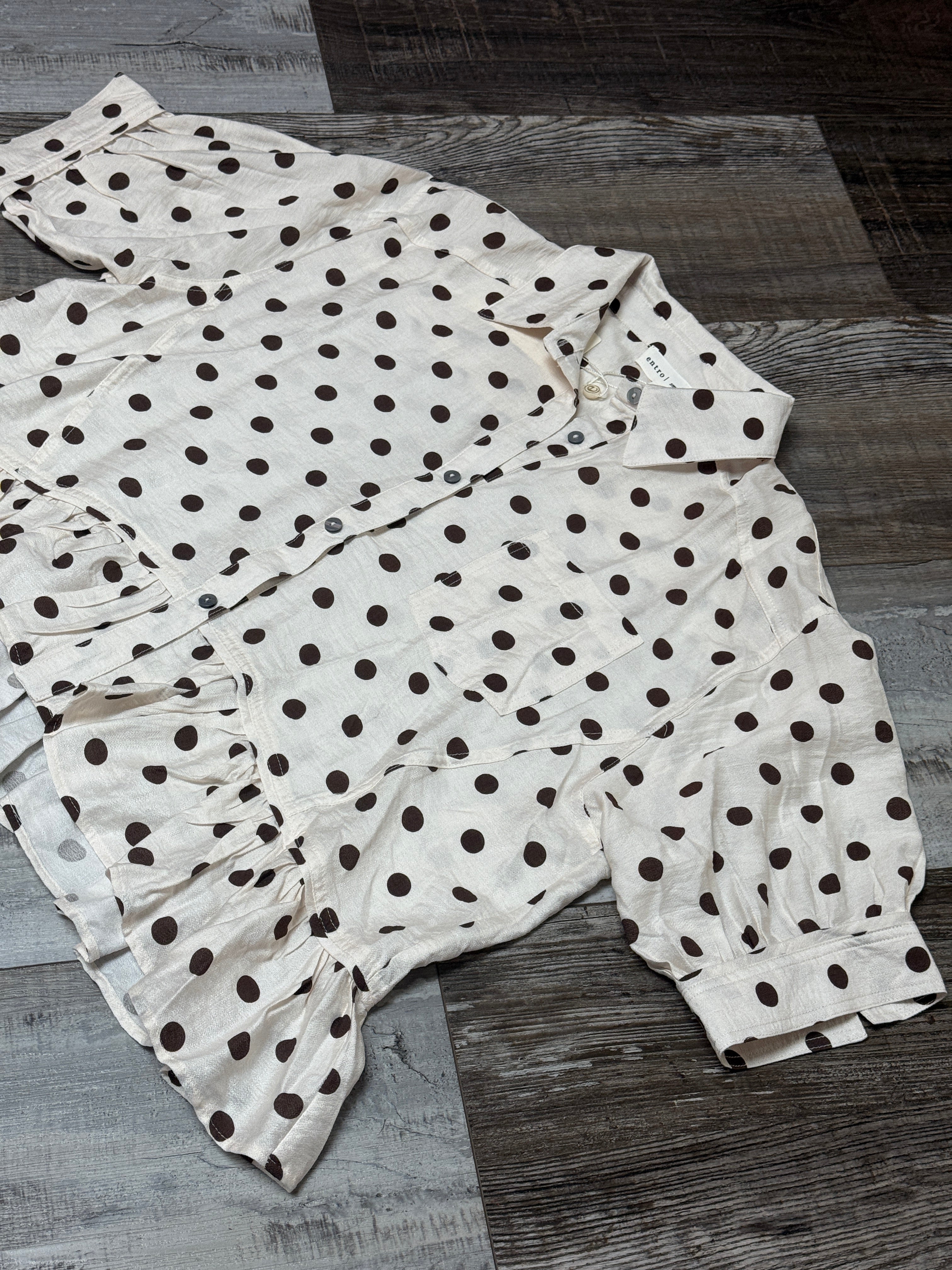 Cream Colored Button Up Blouse w/ Brown Polka Dots by Entro