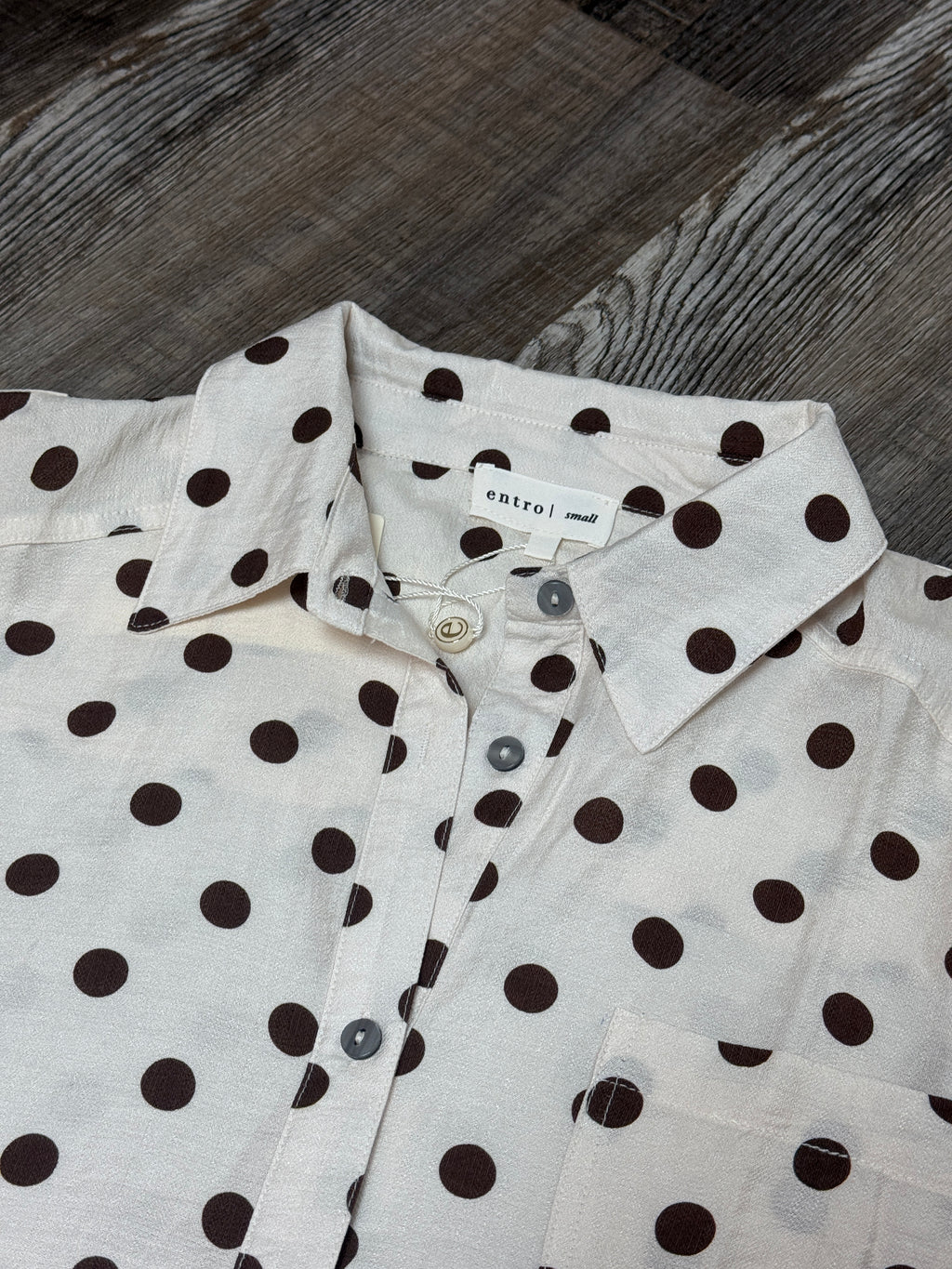 Cream Colored Button Up Blouse w/ Brown Polka Dots by Entro
