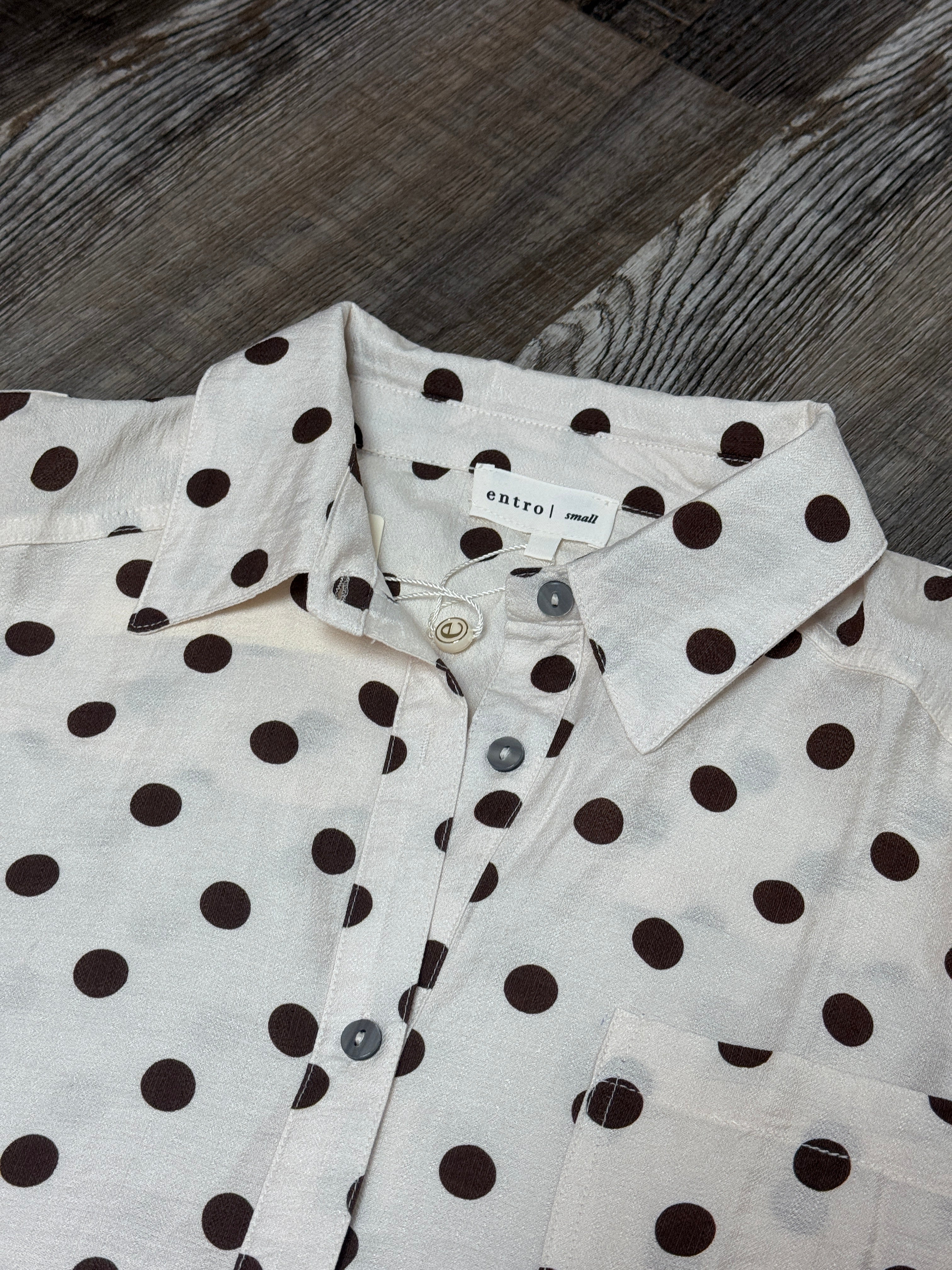 Cream Colored Button Up Blouse w/ Brown Polka Dots by Entro