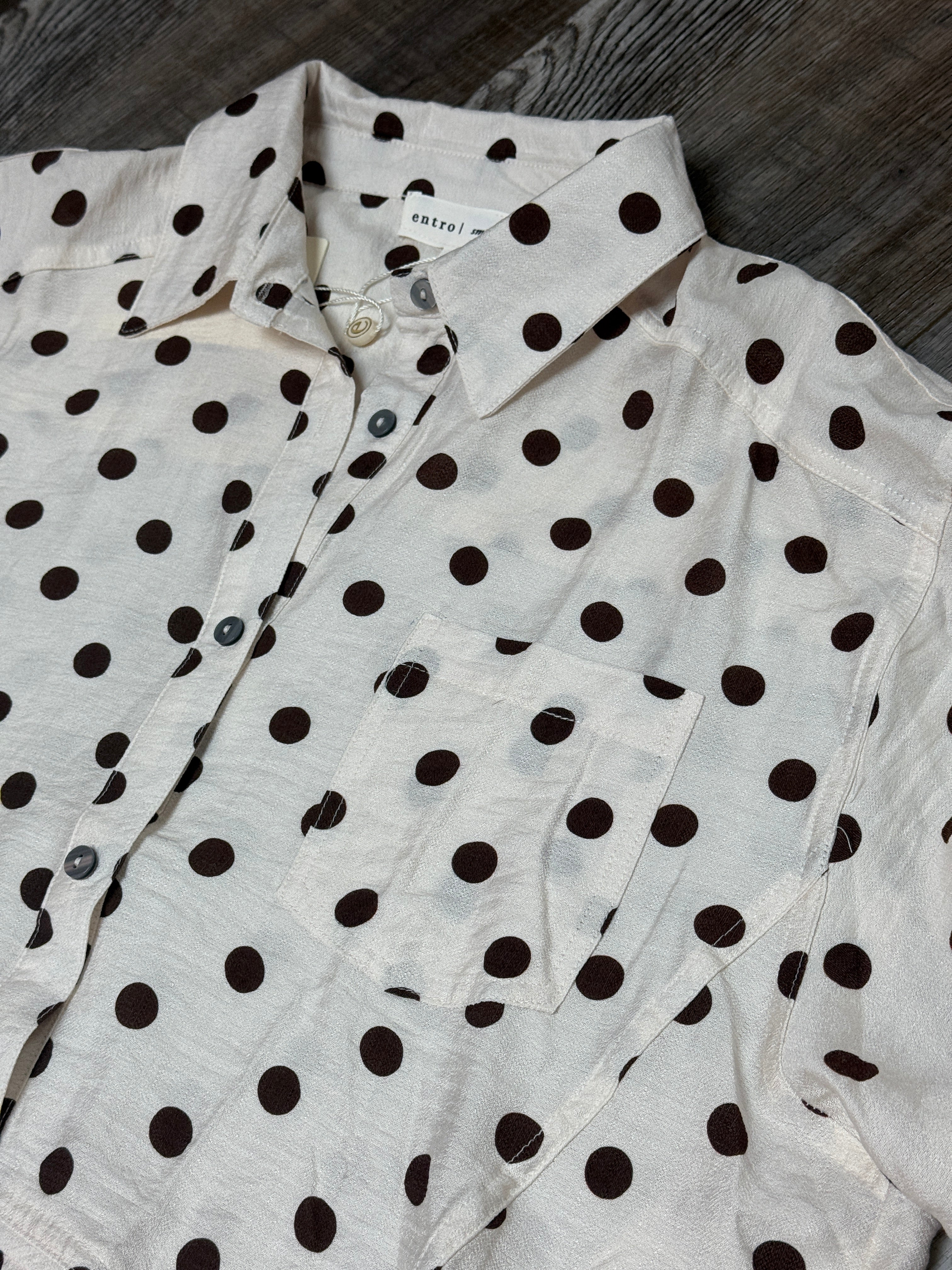Cream Colored Button Up Blouse w/ Brown Polka Dots by Entro