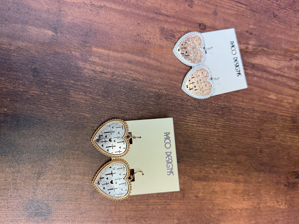 Two Tone Heart Shaped Earrings with Cross Filigree