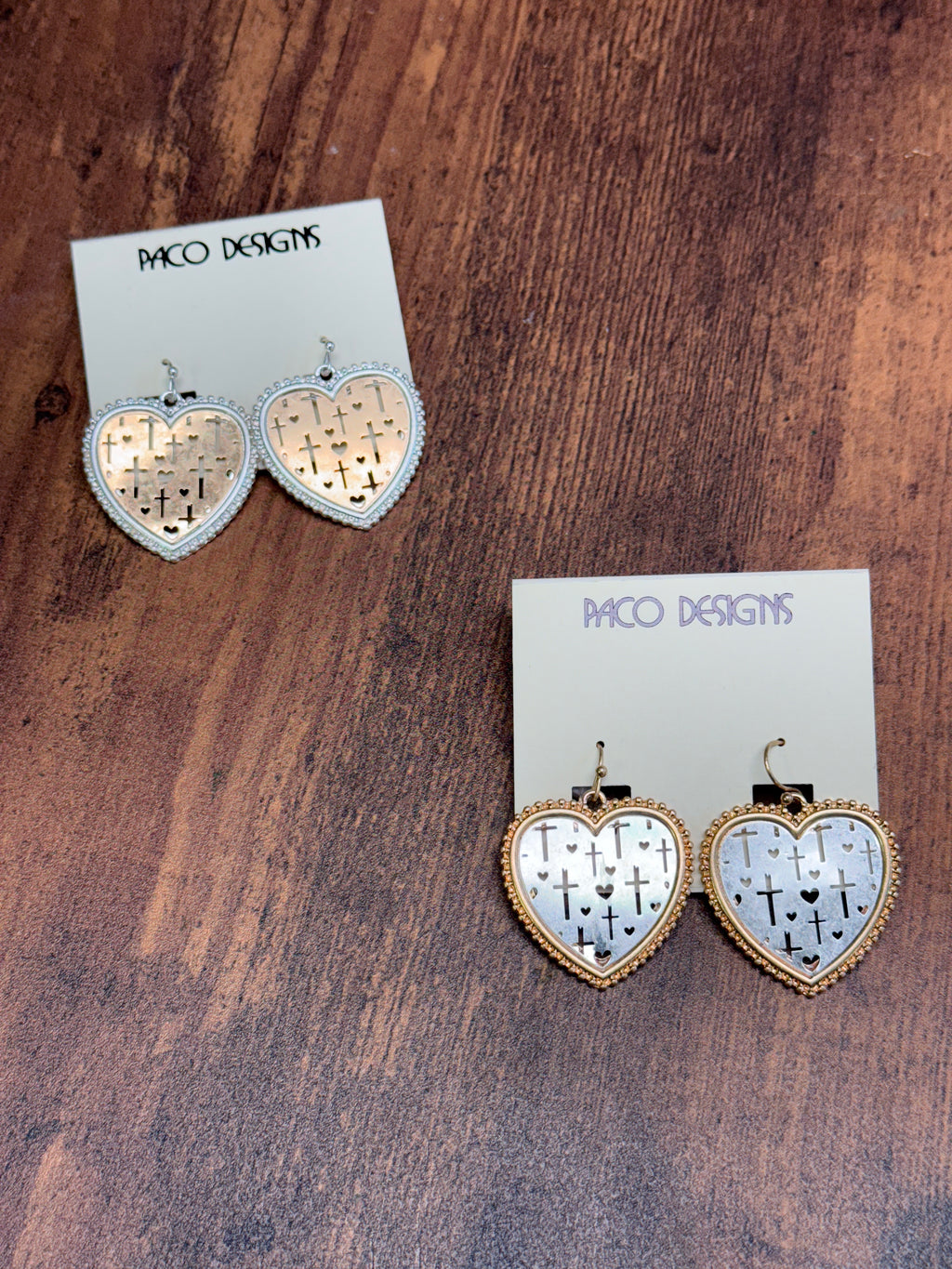 Two Tone Heart Shaped Earrings with Cross Filigree