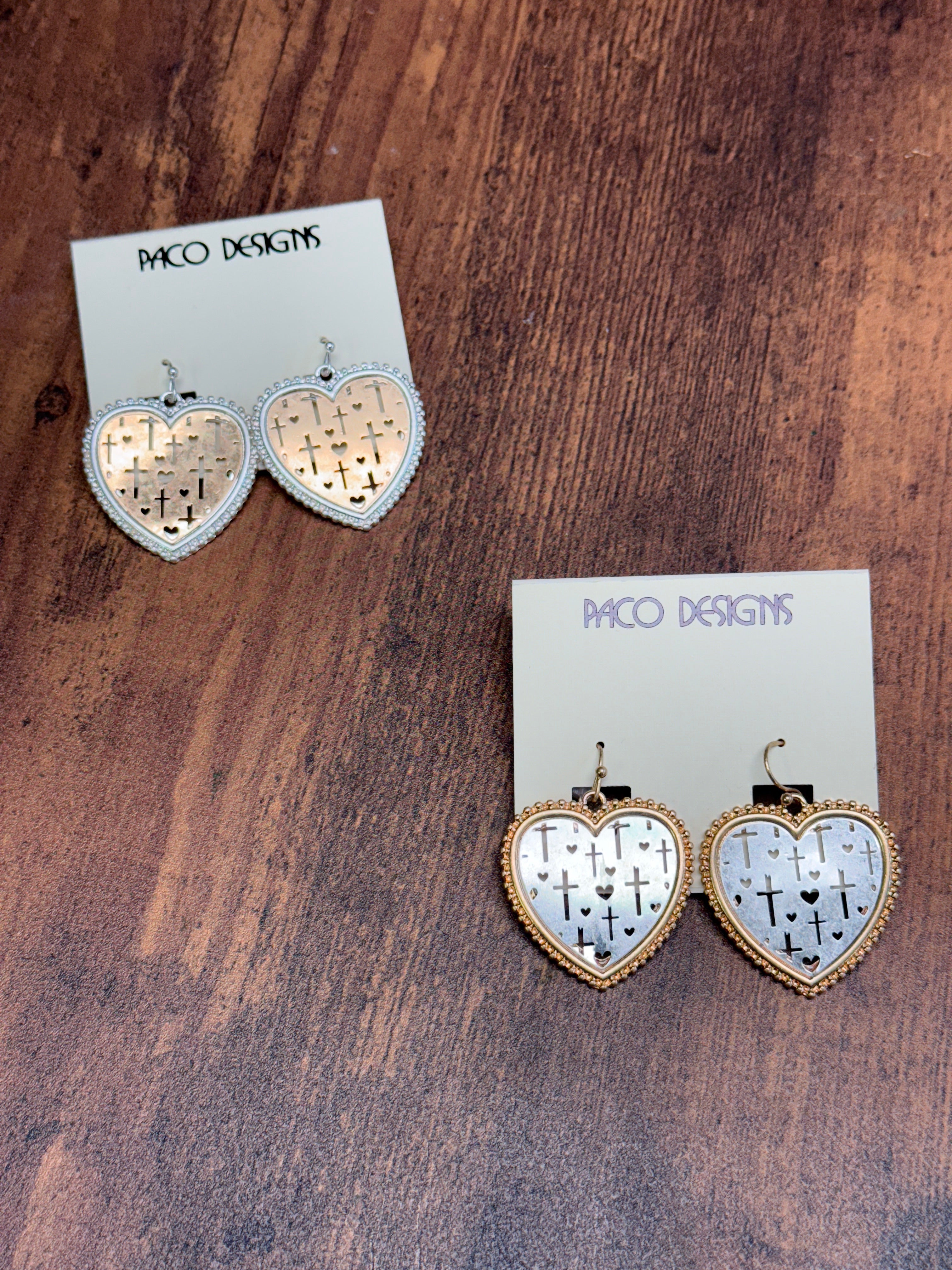 Two Tone Heart Shaped Earrings with Cross Filigree