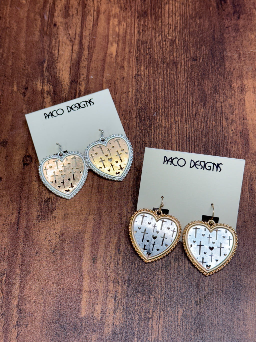 Two Tone Heart Shaped Earrings with Cross Filigree