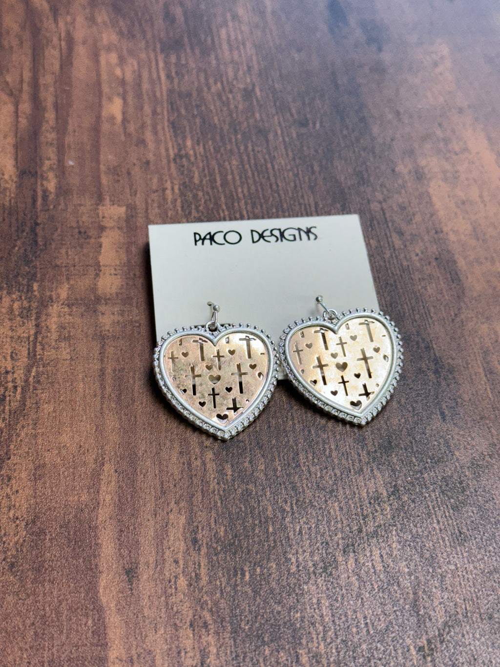 Two Tone Heart Shaped Earrings with Cross Filigree