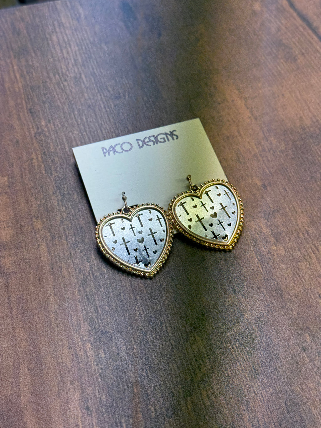 Two Tone Heart Shaped Earrings with Cross Filigree