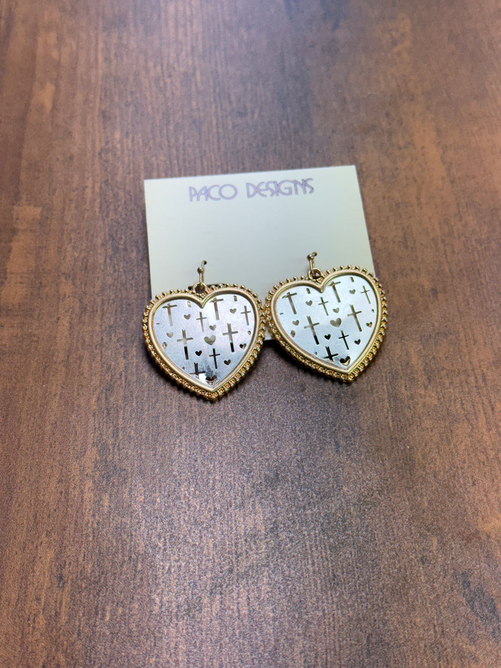 Two Tone Heart Shaped Earrings with Cross Filigree