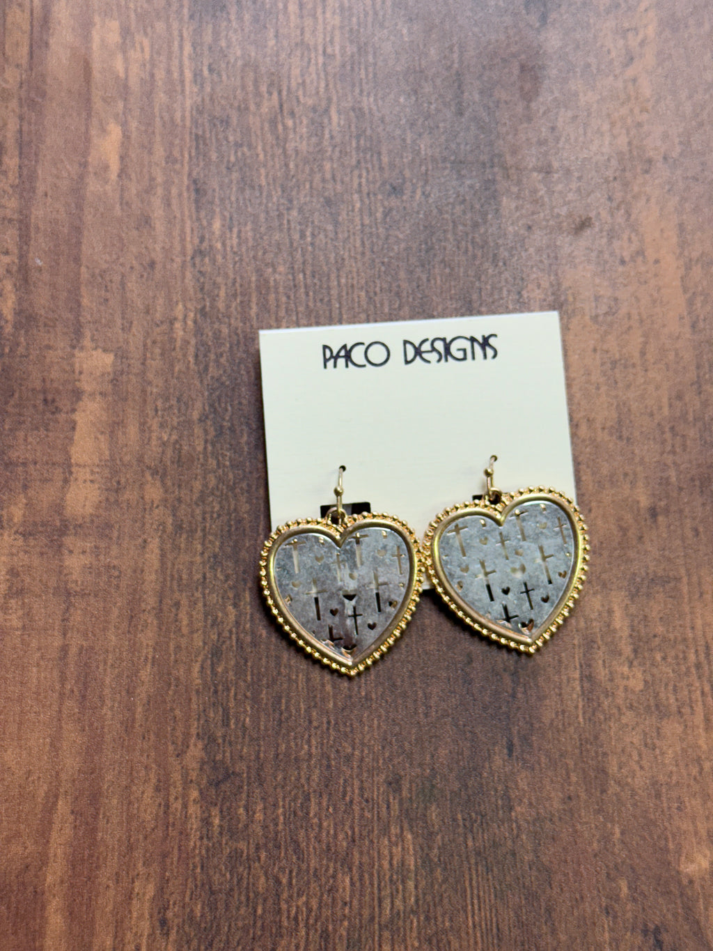 Two Tone Heart Shaped Earrings with Cross Filigree