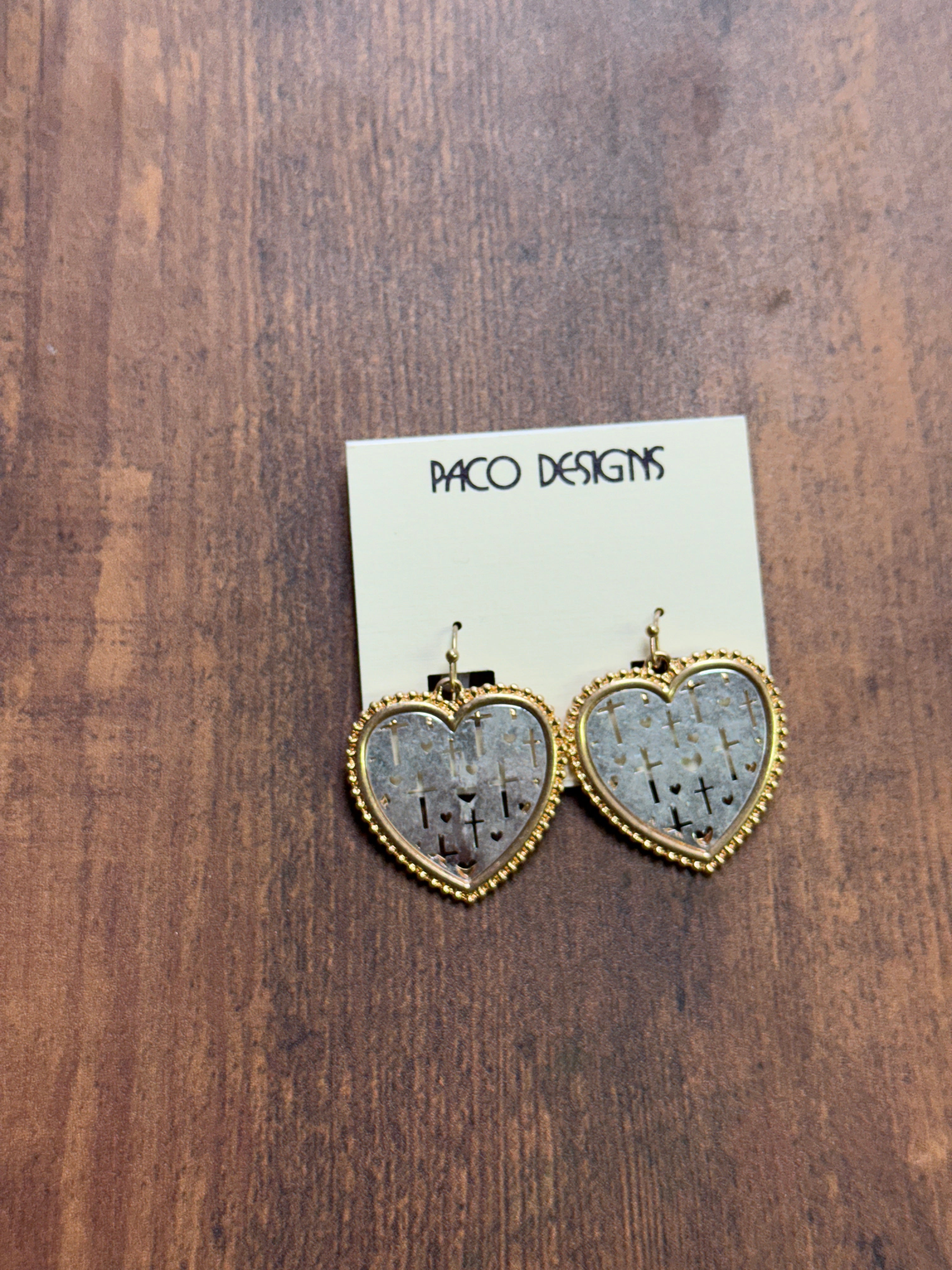 Two Tone Heart Shaped Earrings with Cross Filigree