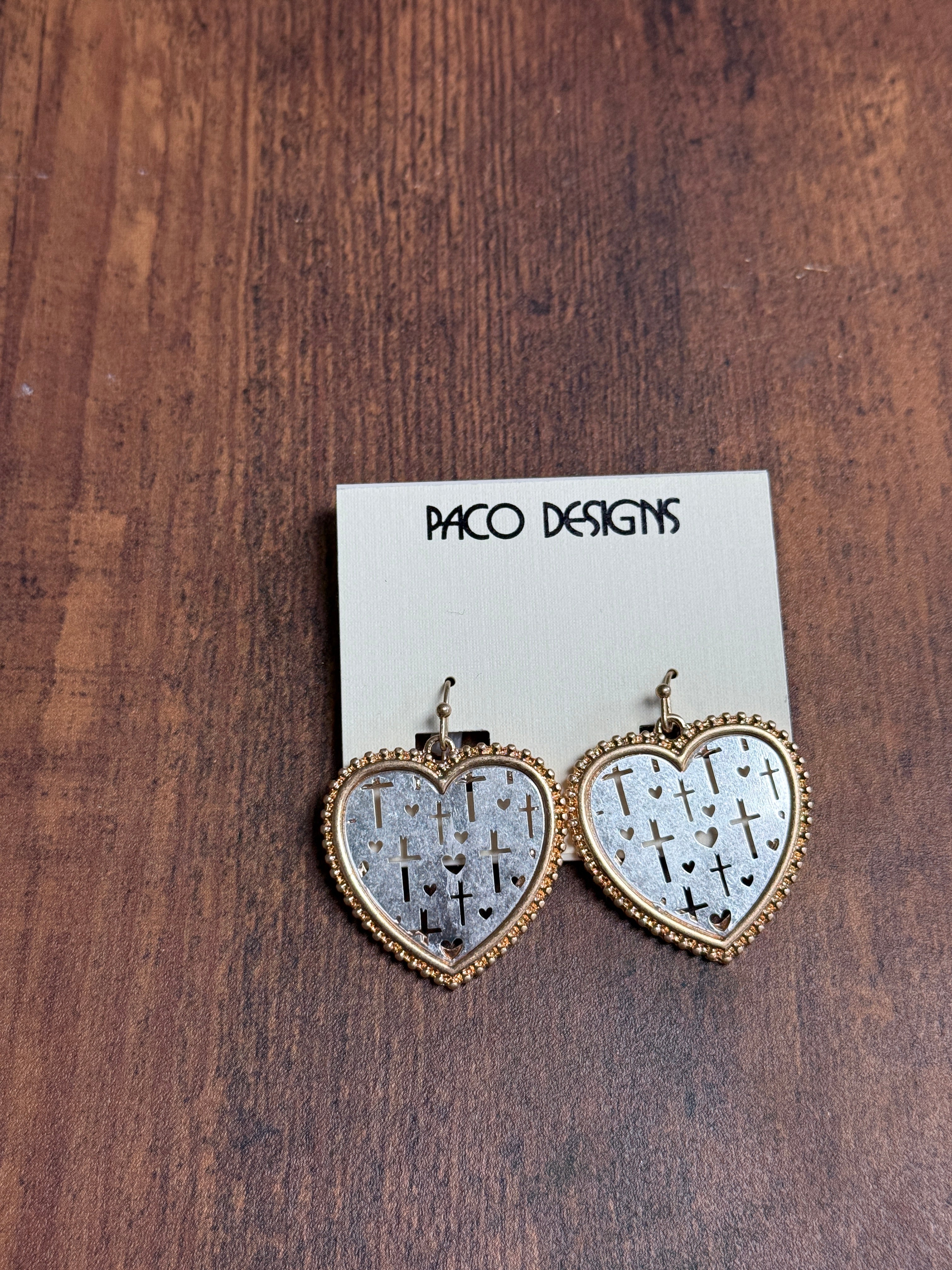 Two Tone Heart Shaped Earrings with Cross Filigree