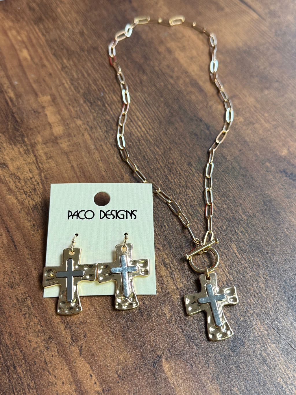 Two Tone Cross Necklace & Earring Set