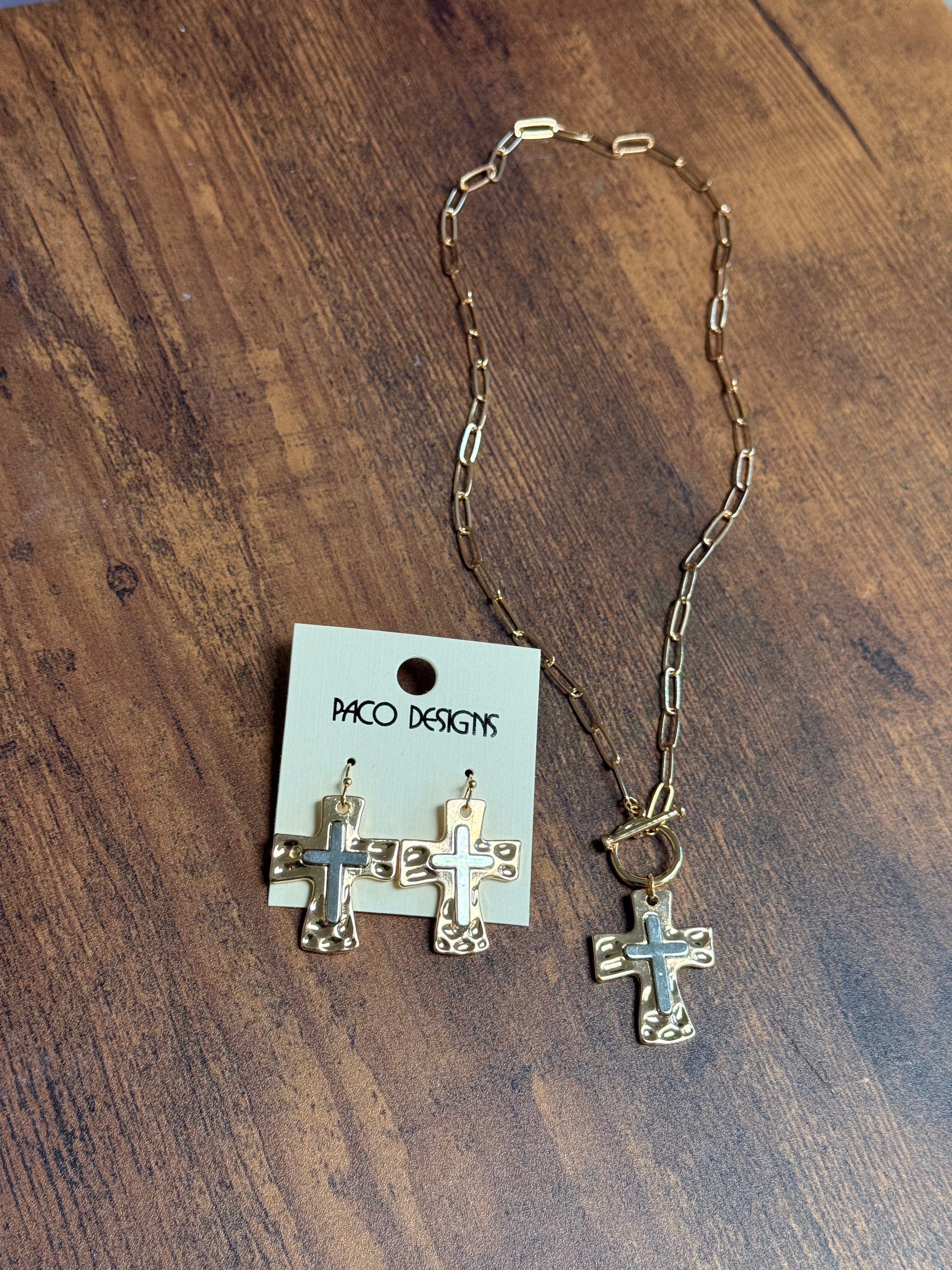 Two Tone Cross Necklace & Earring Set