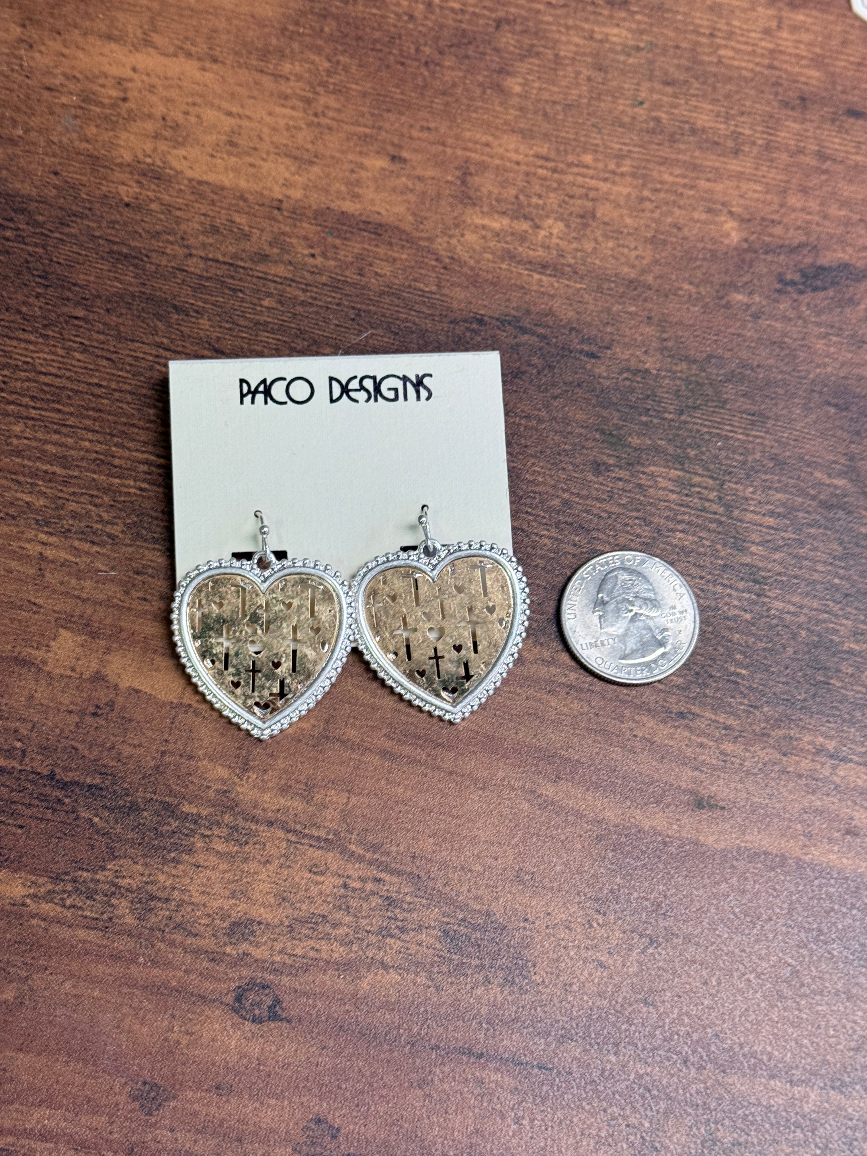 Two Tone Heart Shaped Earrings with Cross Filigree