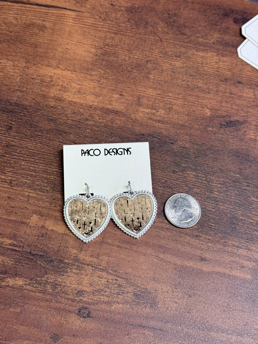 Two Tone Heart Shaped Earrings with Cross Filigree