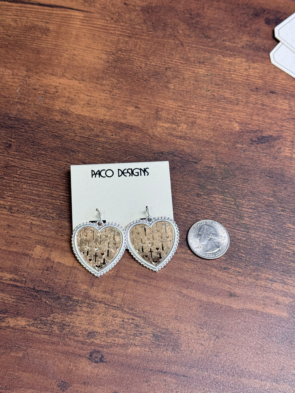 Two Tone Heart Shaped Earrings with Cross Filigree