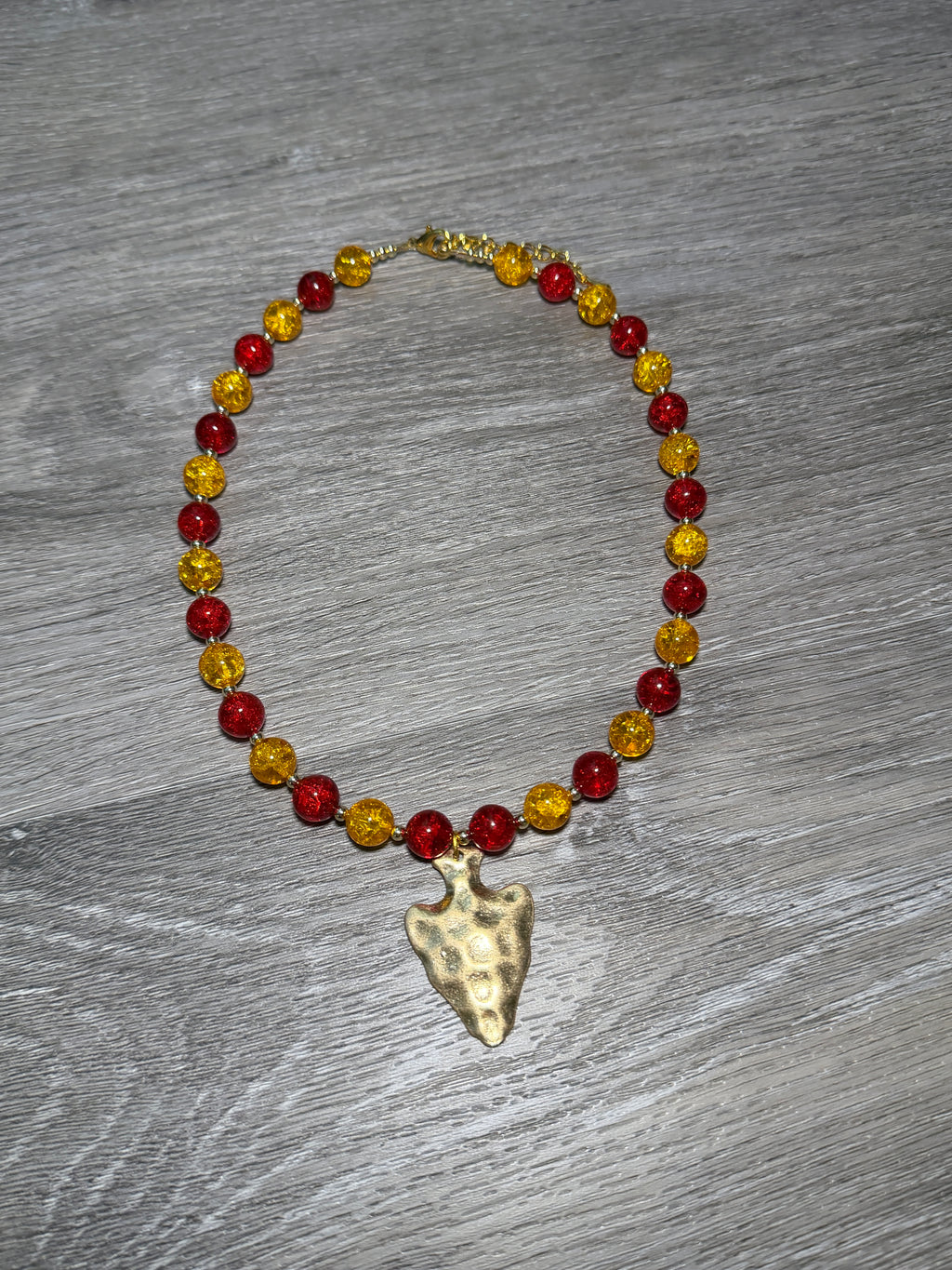 Arrowhead Pendant Red & Yellow Beaded Necklace