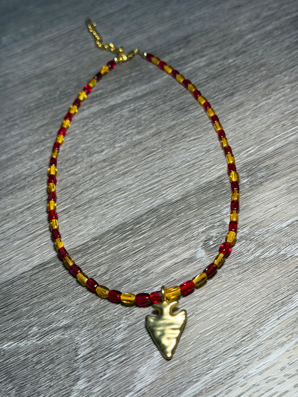 Small Arrowhead Pendant Red & Yellow Beaded Necklace