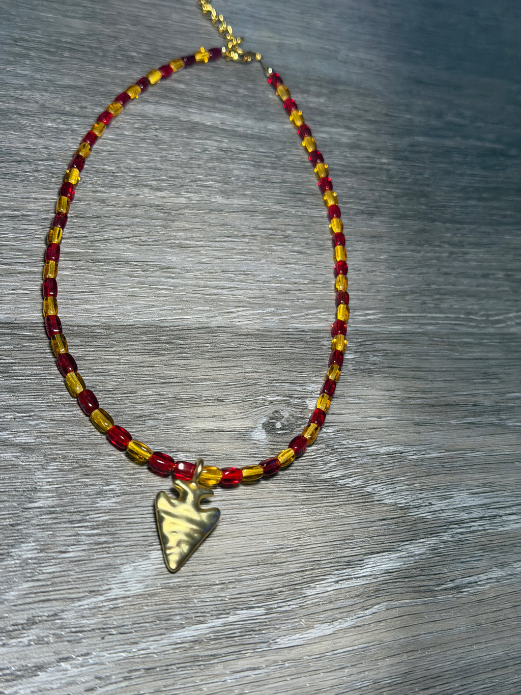 Small Arrowhead Pendant Red & Yellow Beaded Necklace