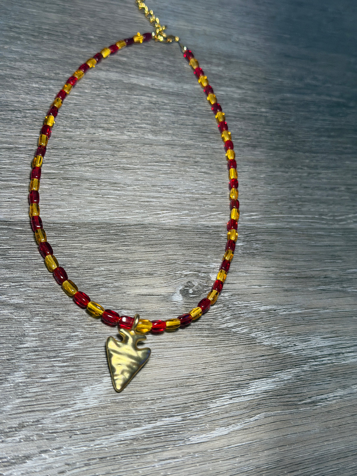 Small Arrowhead Pendant Red & Yellow Beaded Necklace