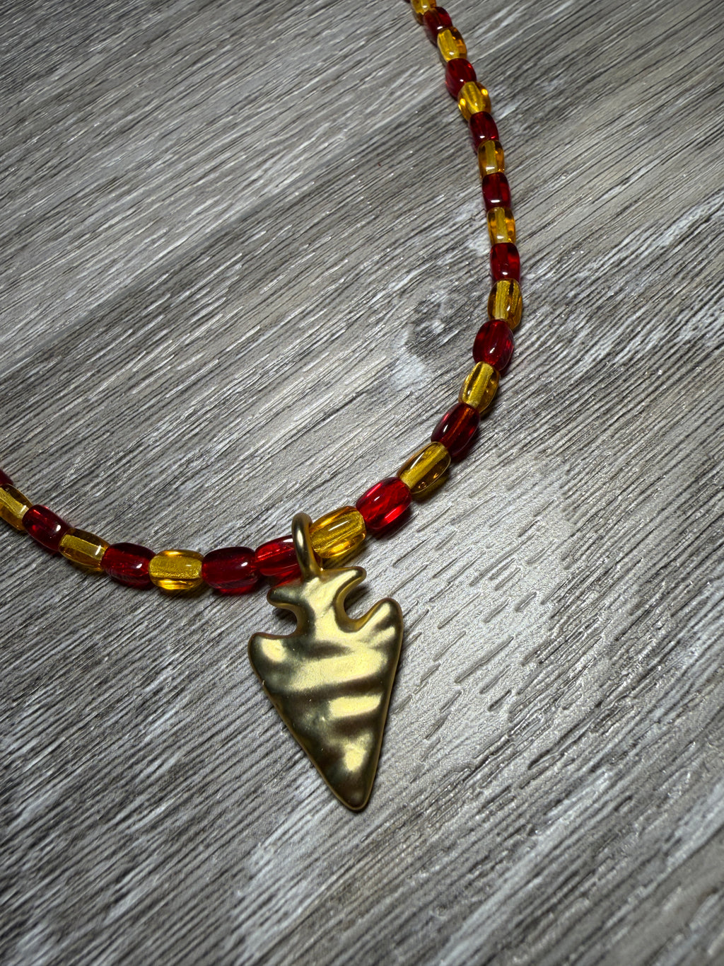 Small Arrowhead Pendant Red & Yellow Beaded Necklace