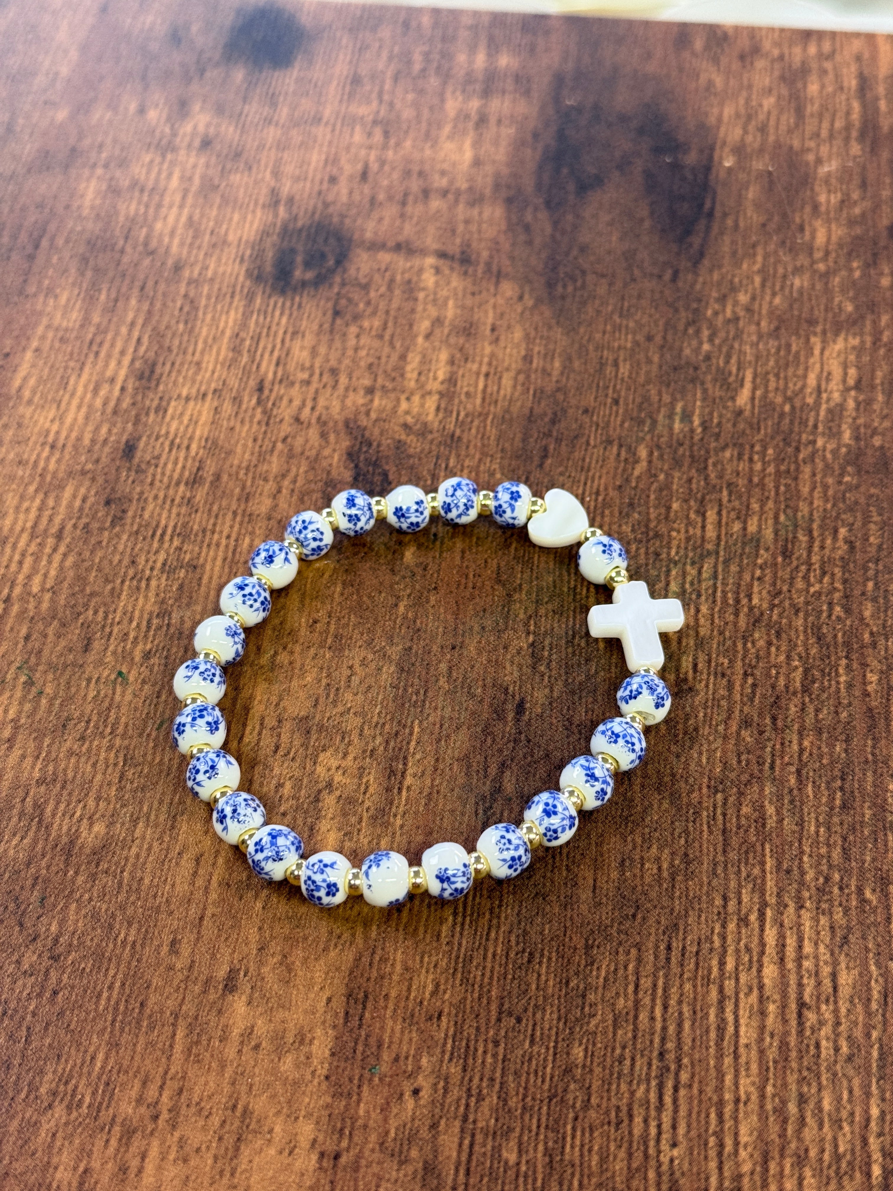 Cross & Heart Pearl Porcelain Beaded Bracelet