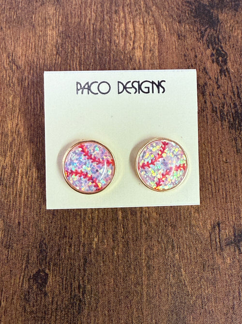 Baseball Stud Earrings with Glitter Flecks