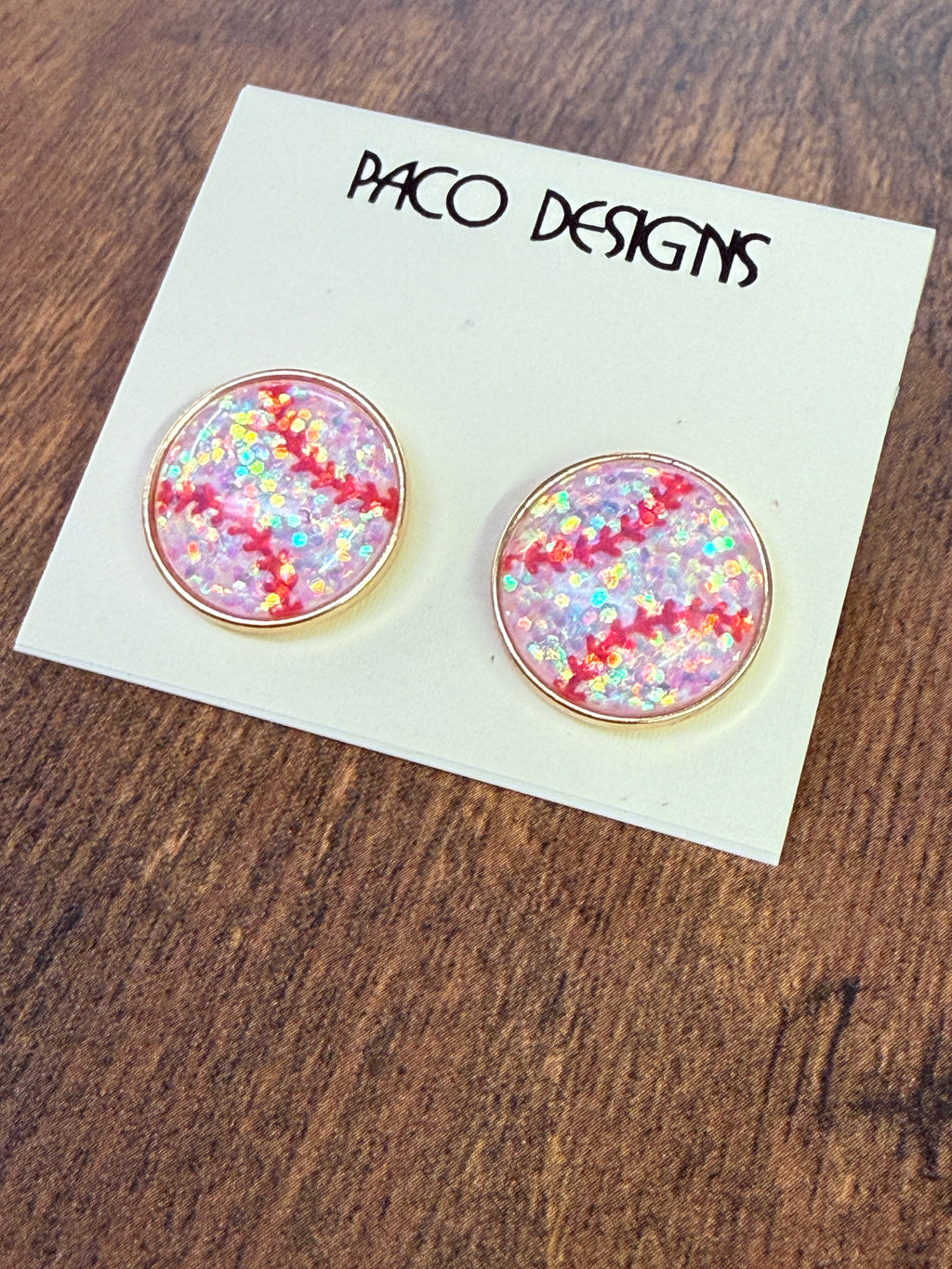 Baseball Stud Earrings with Glitter Flecks