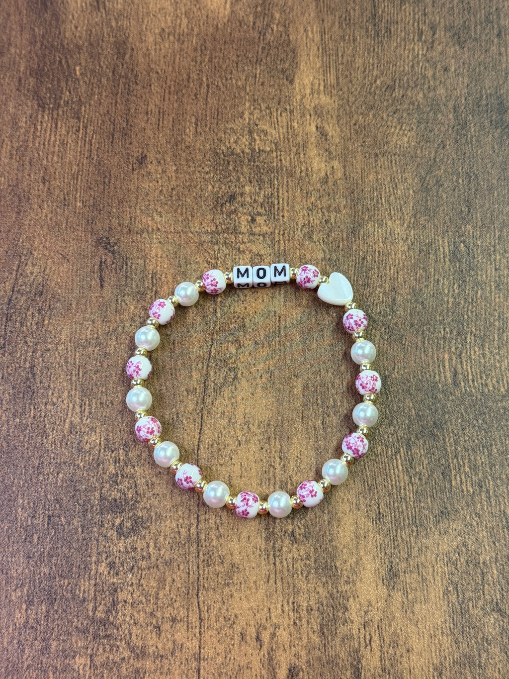 Pink & White Porcelain and Pearl  "MOM" Beaded Bracelet