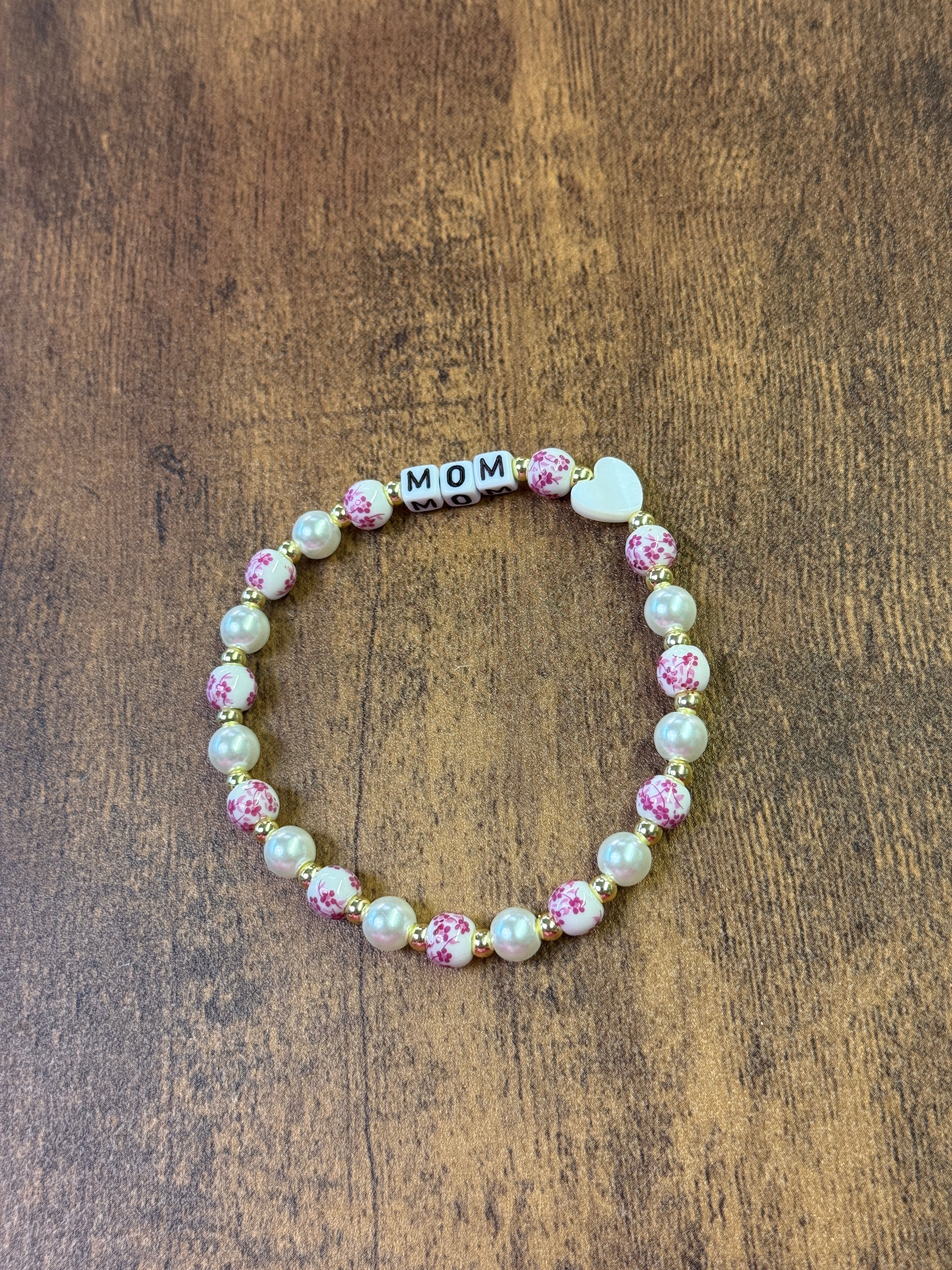 Pink & White Porcelain and Pearl  "MOM" Beaded Bracelet