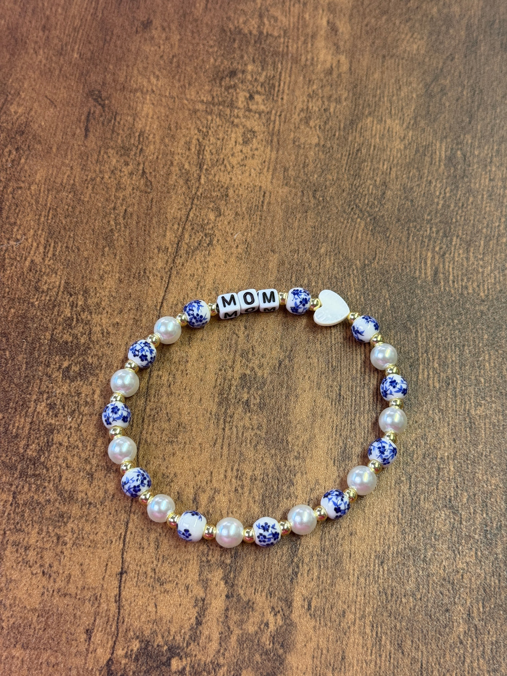 Blue & White Porcelain and Pearl Heart "MOM" Beaded Bracelet