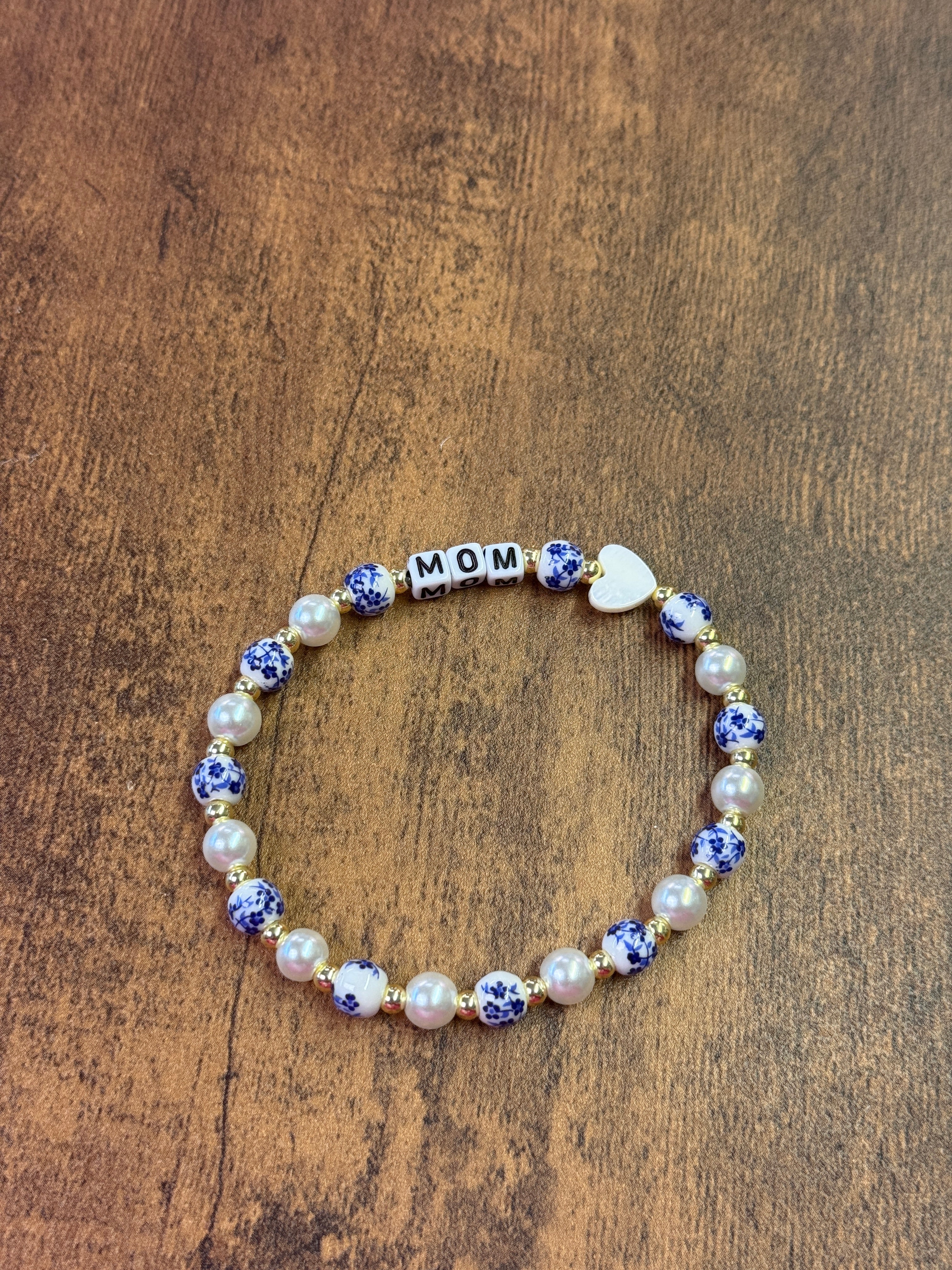 Blue & White Porcelain and Pearl Heart "MOM" Beaded Bracelet