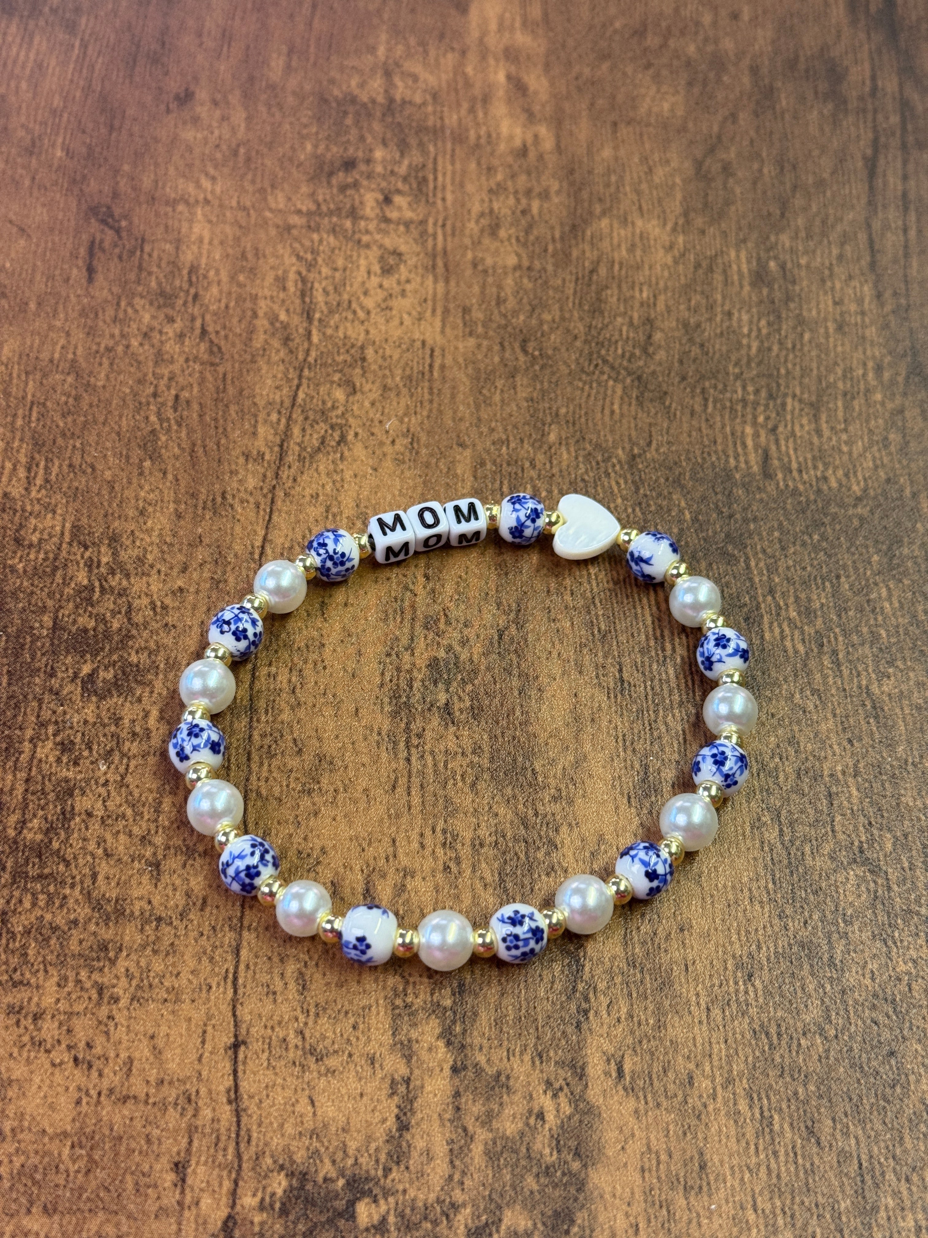 Blue & White Porcelain and Pearl Heart "MOM" Beaded Bracelet
