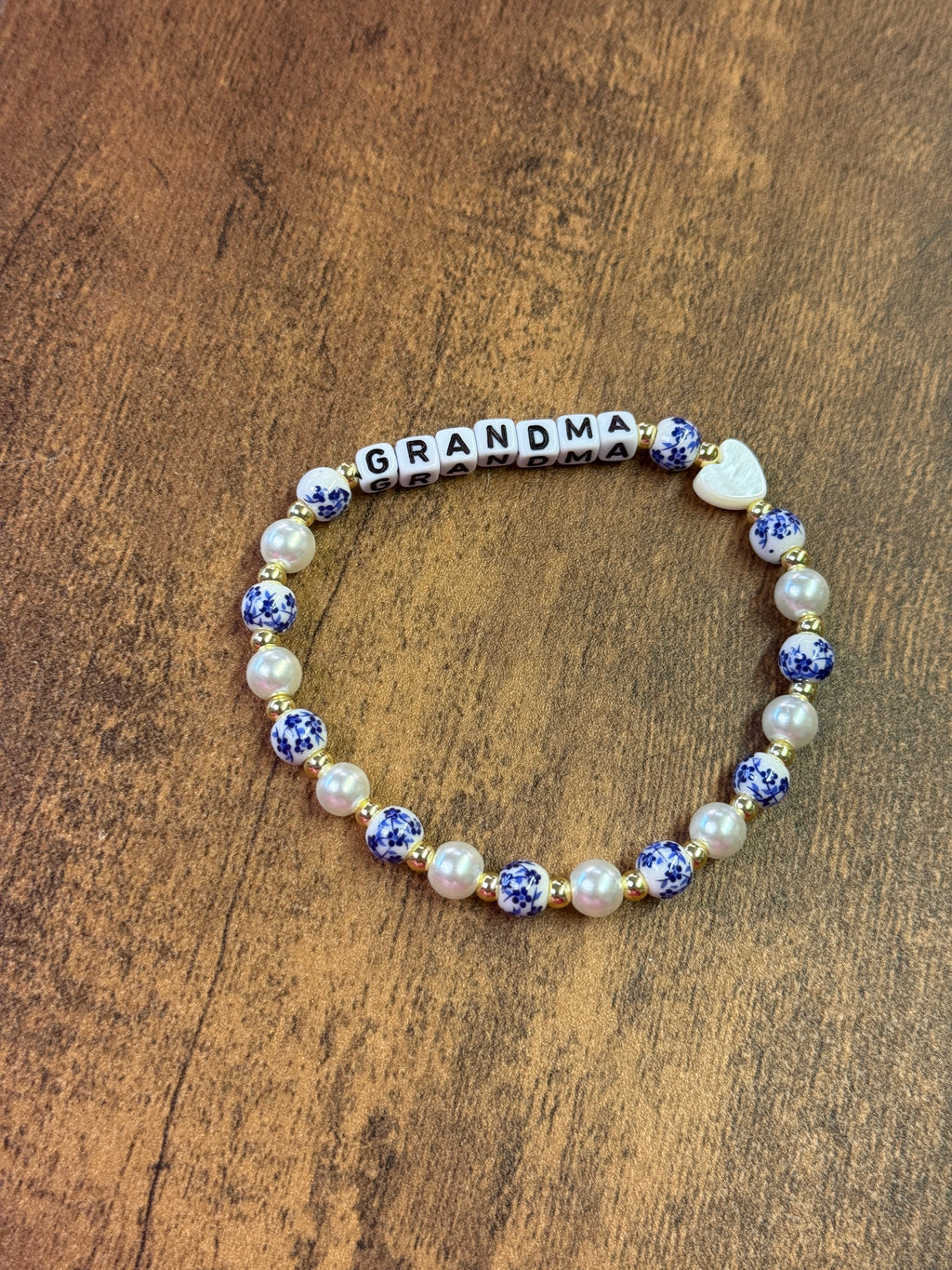 Blue & White Porcelain and Pearl Heart "MOM" Beaded Bracelet