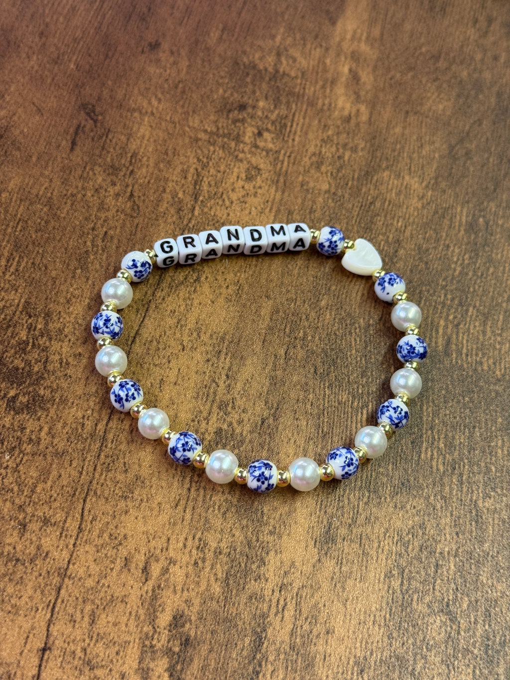 Blue & White Porcelain and Pearl Heart "MOM" Beaded Bracelet