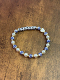 Blue & White Porcelain and Pearl Heart "MOM" Beaded Bracelet