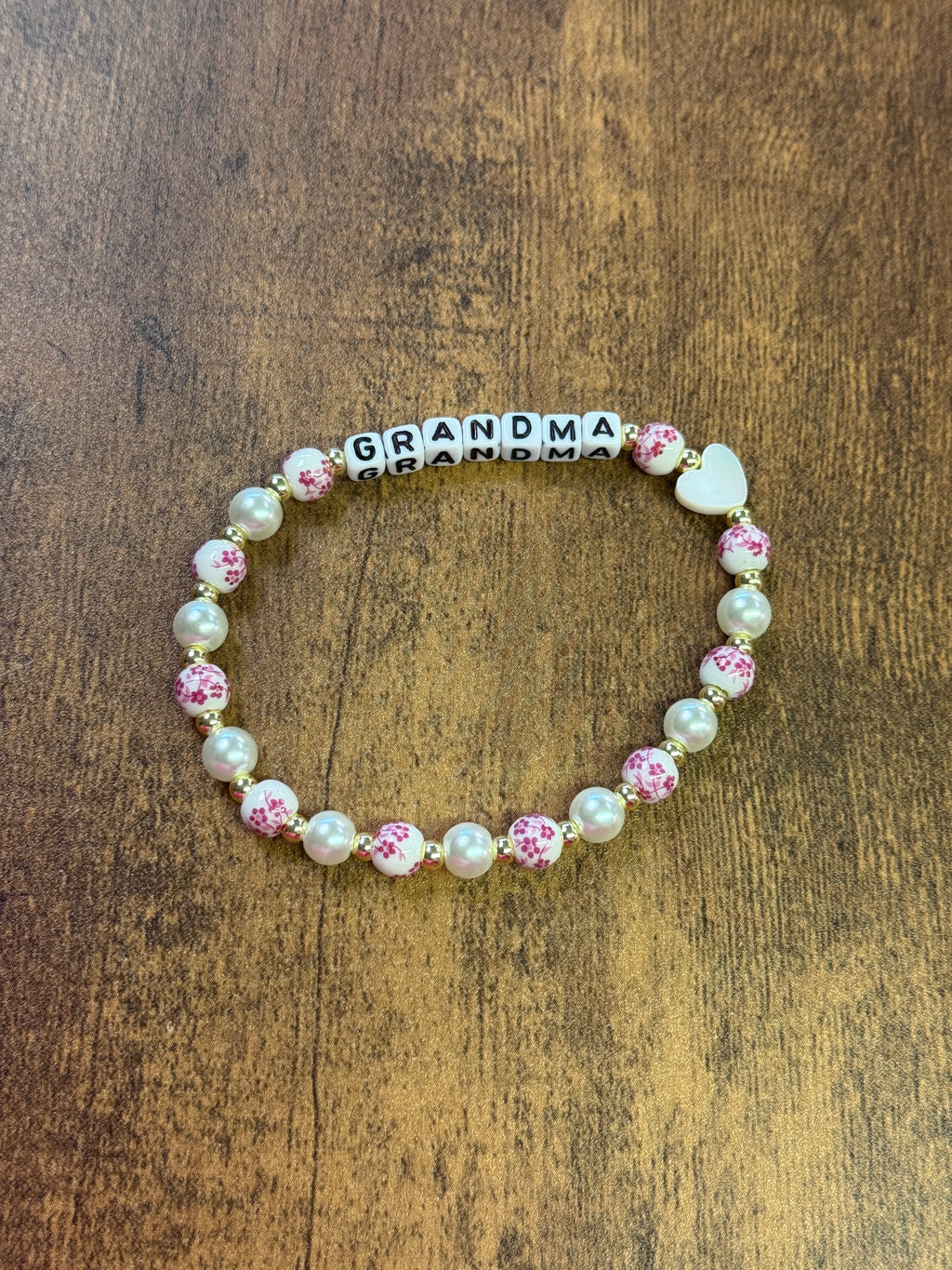 Pink & White Porcelain and Pearl  "MOM" Beaded Bracelet