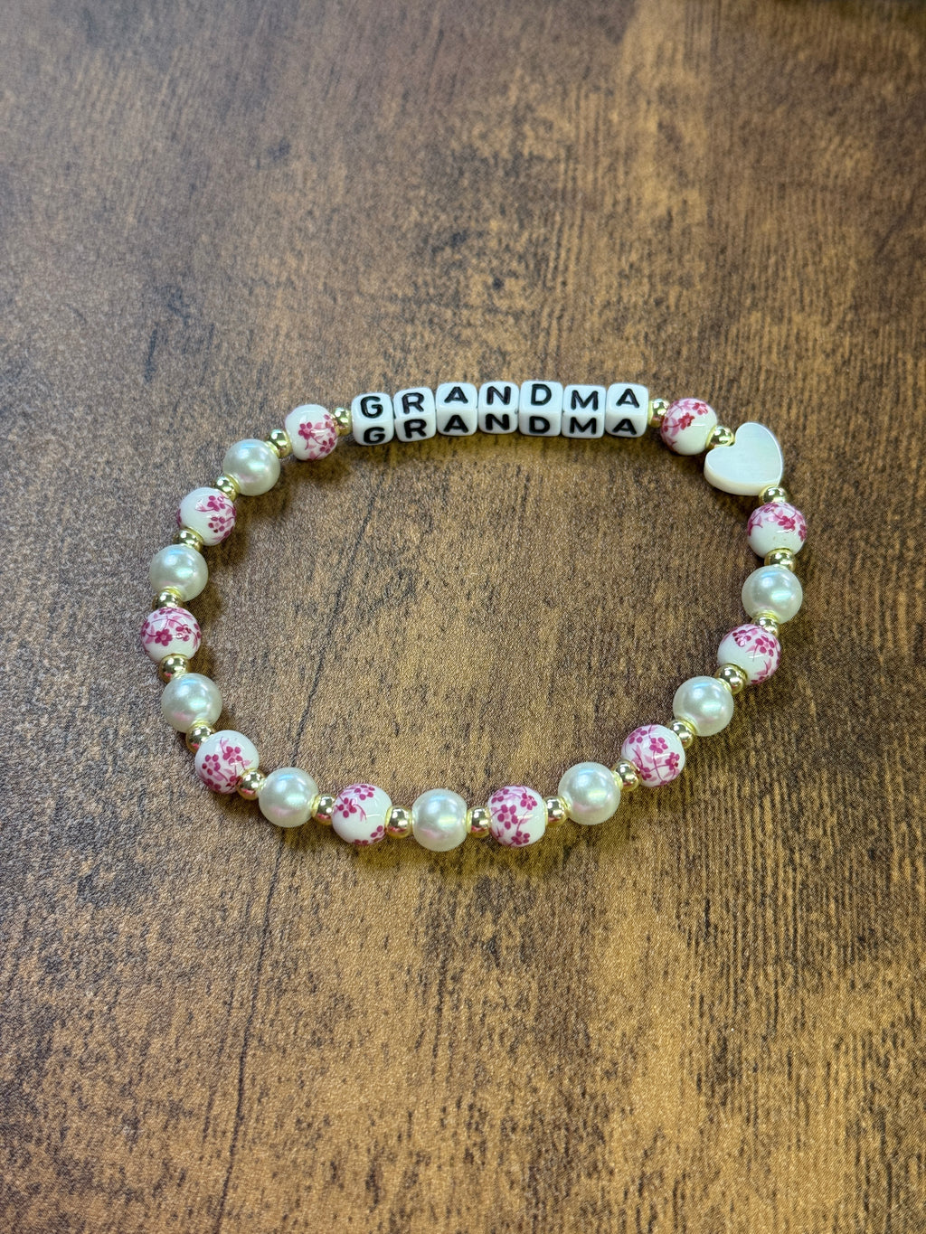Pink & White Porcelain and Pearl  "MOM" Beaded Bracelet